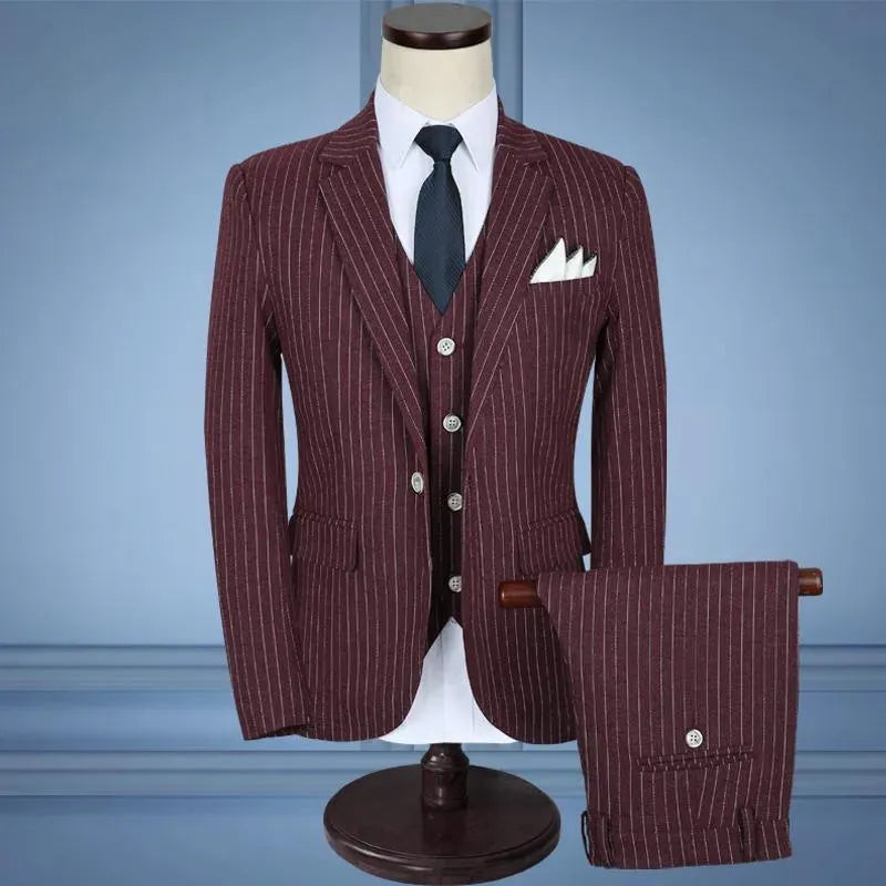 Men's 3-Piece Striped Suit Set - Formal Business Attire for Weddings, Office & Special Occasions