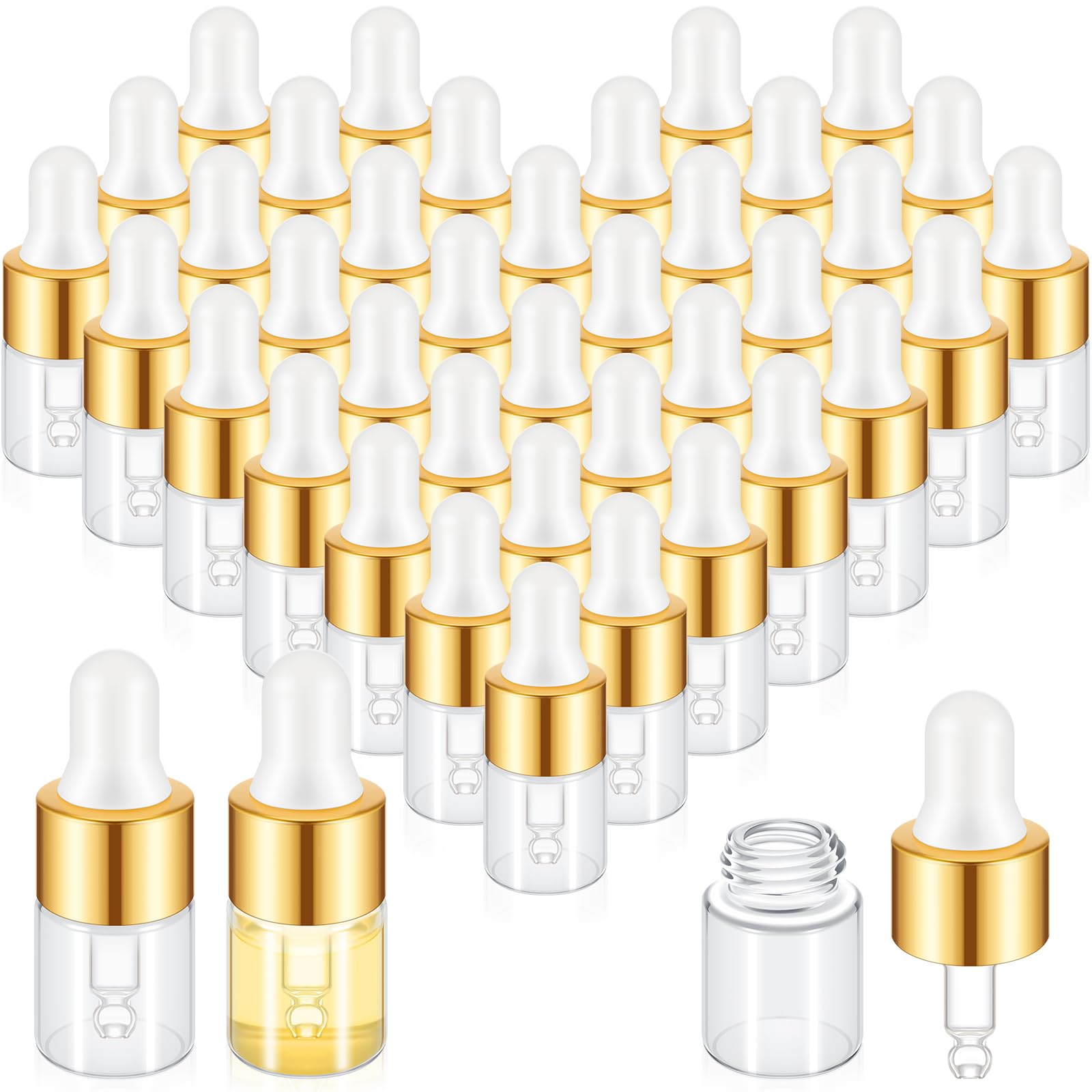 200 Pcs 2ml Mini Glass Dropper Bottles with Gold Lids - Travel Size Essential Oil Containers, Cosmetic Sample Vials for Perfume, DIY Liquids & Beauty Products - Perfect for Travel, Home Use & Gift Packaging