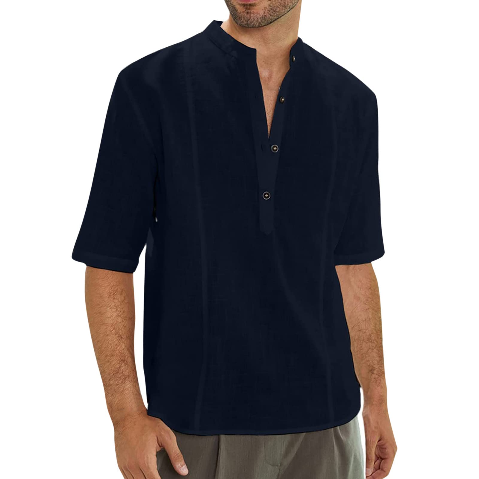 Men's Summer Casual Button-Down Shirt - Solid Color Half Sleeve Stand Collar Blouse for Big & Tall - White Cotton Shirt for Office, Beach & Outdoor Activities