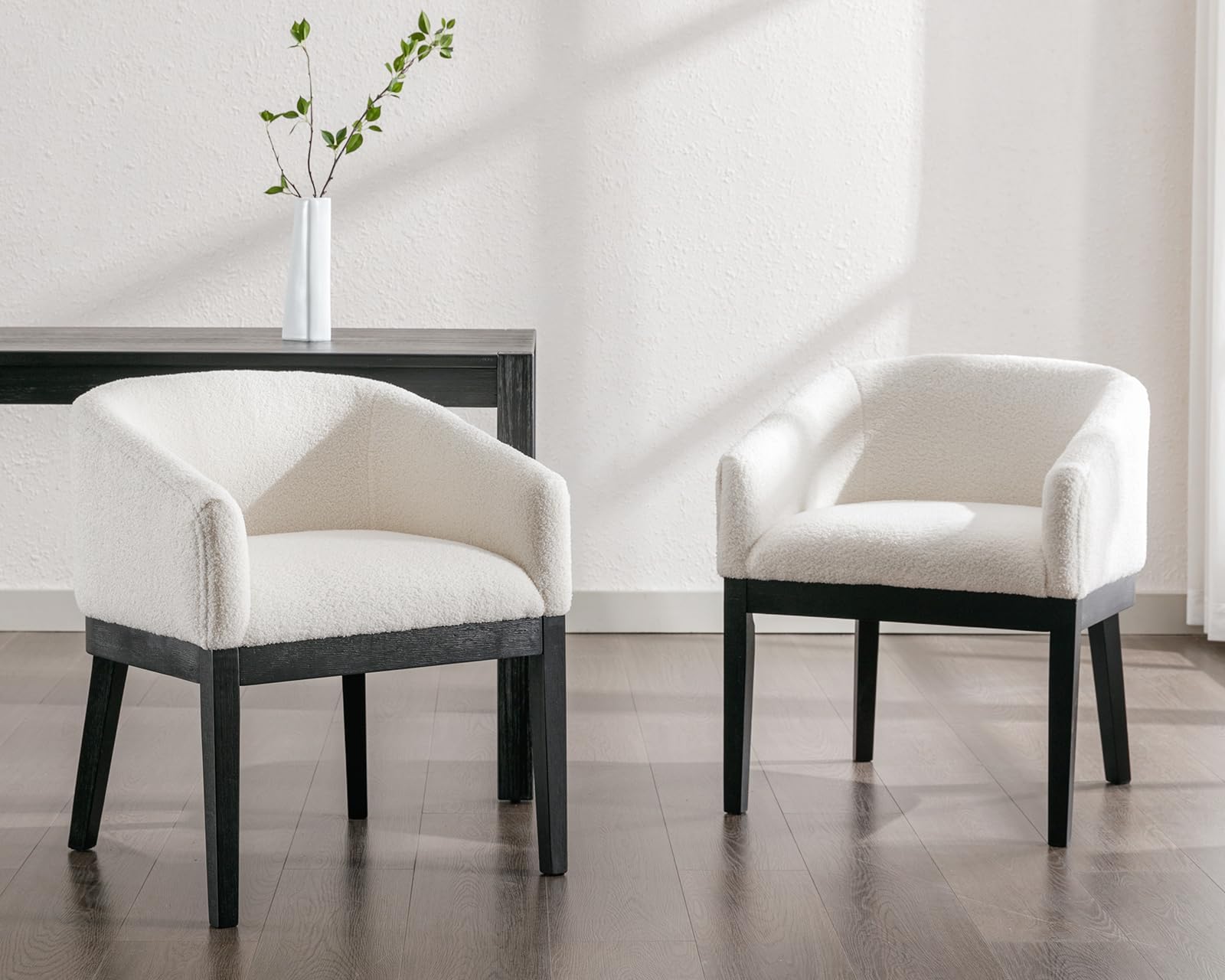 Mid Century Modern Upholstered Barrel Dining Chairs Set of 2 - Farmhouse Style Faux Sherpa Kitchen & Dining Room Chairs with Black Hardwood Frame - 18