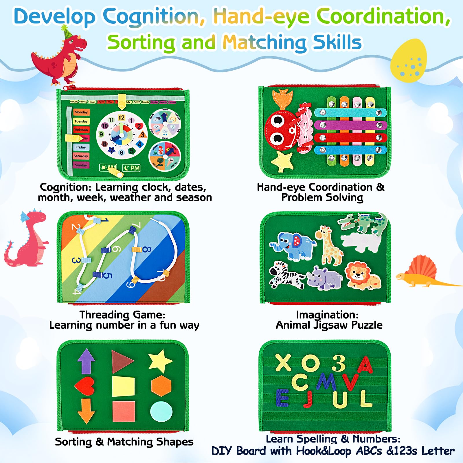 Esjay Montessori Busy Board for Toddlers - Sensory Learning Toys for Fine Motor Skills Development - Educational Travel Toys for Airplane & Car - Perfect Gift for Boys & Girls (Green Dinosaur) - Ideal for Preschool Learning, Quiet Play & Long Trips