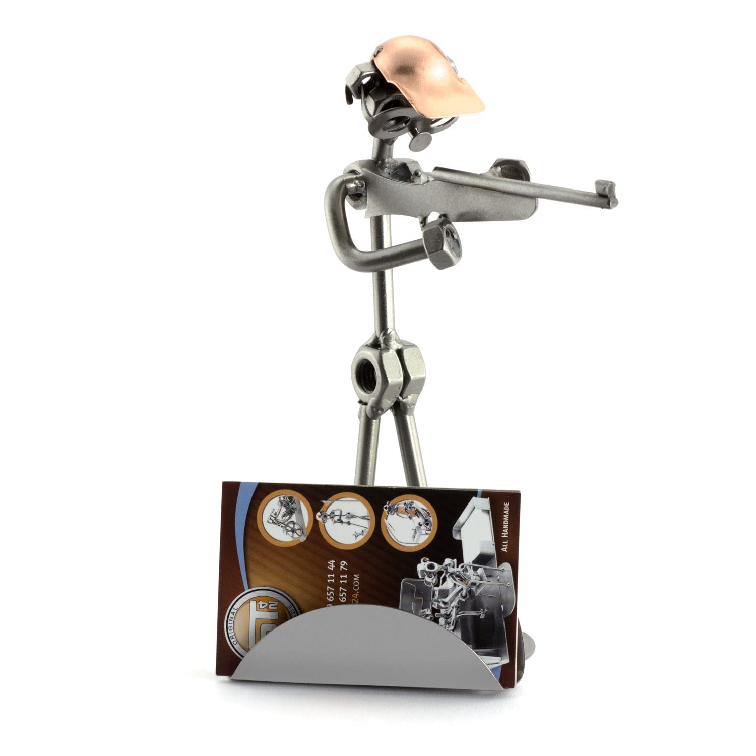 Handmade Metal Gun-Shooter Sculpture with Business Card Holder | Nuts and Bolts Figurine | Made in Germany | Unique Office Desk Decor & Gift for Gun Enthusiasts