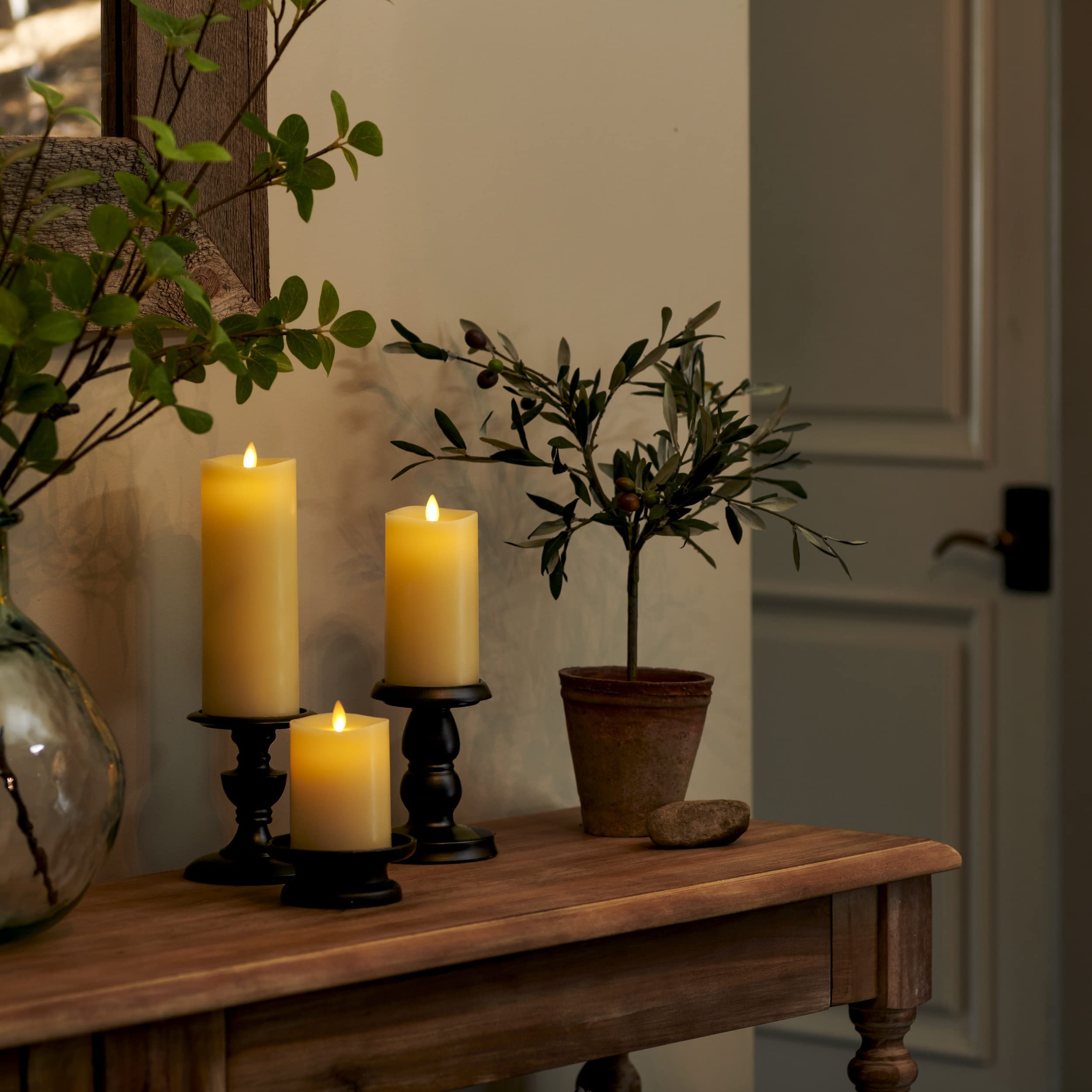 Luminara Realistic Flameless LED Candles - Set of 3 Ivory Pillar Candles with Remote Control, Moving Flame Effect, Timer & Melted Wax Design | Battery Operated, Safe for Home Decor, Weddings, Dining & Relaxation