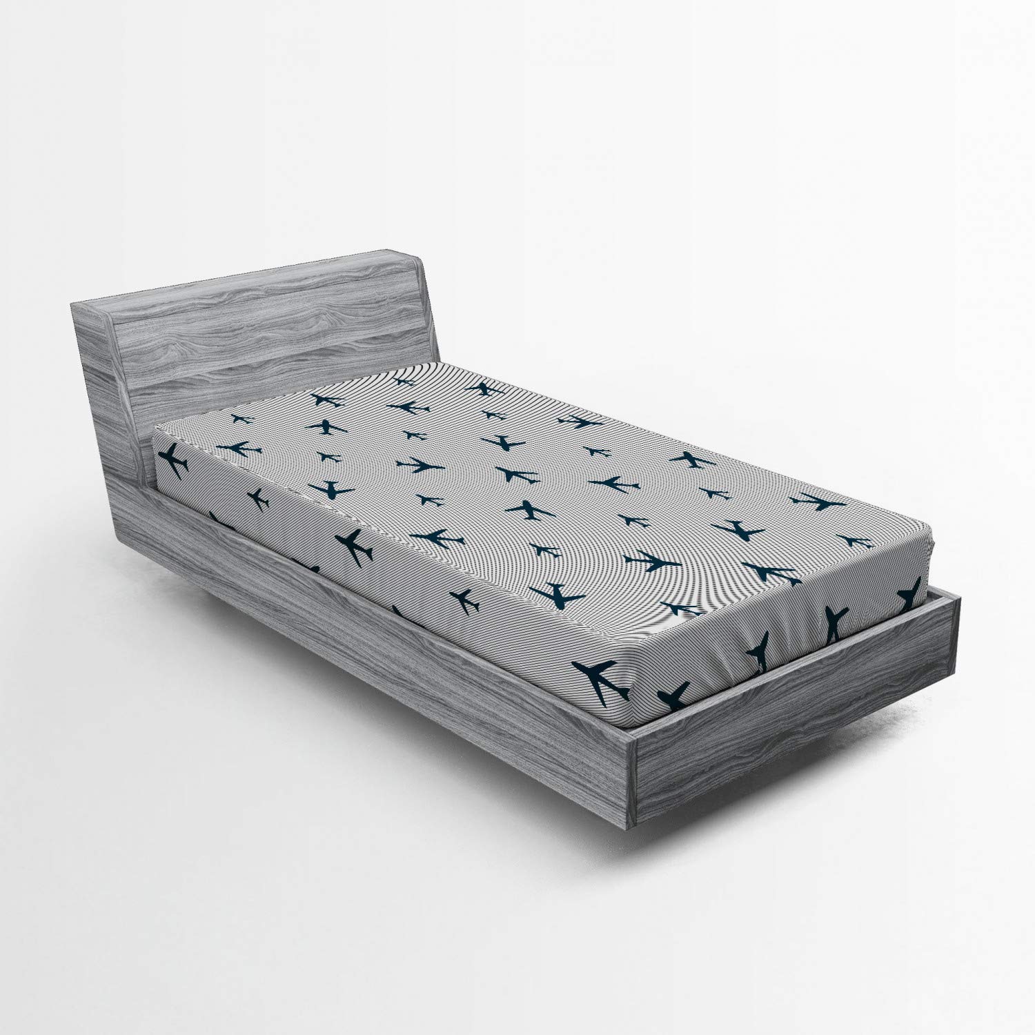 Ambesonne Airplane Fitted Sheet - Twin XL Size Deep Pocket Bed Cover with All-Round Elastic | Diagonal Stripes Travel Silhouettes Aviation Design in Petrol Blue Black White | Perfect for Travel Enthusiasts, Kids Rooms & Aviation-Themed Bedrooms
