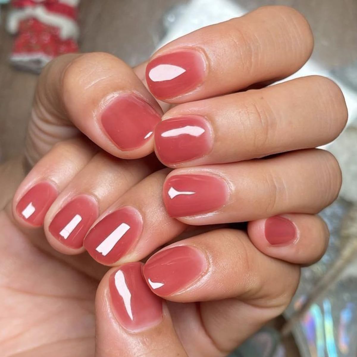 GLAMERMAID 24Pcs Short Squoval Press On Nails - Brick Red Jelly Gel Fake Nails with Glossy UV Finish, Reusable Acrylic False Nails for Women | Perfect for Spring Summer Manicure, Parties, Weddings & Daily Wear