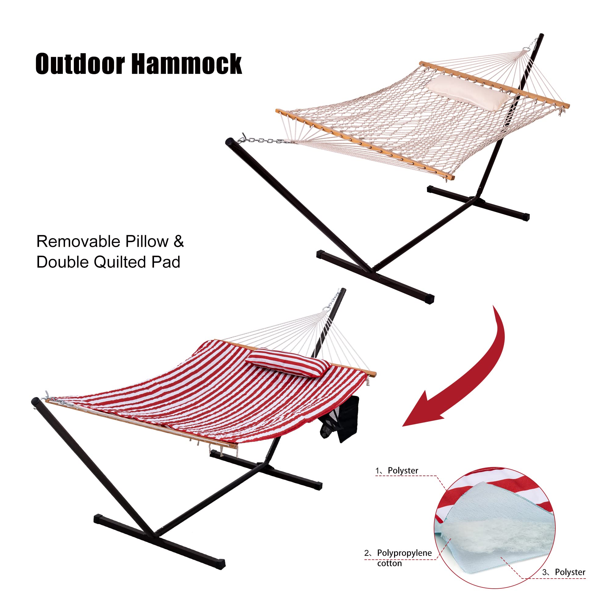 Premium Cotton Rope Hammock with 12FT Steel Stand - Double Hammock with Spreader Bars, Quilted Pad, Detachable Pillow & Cup Holder - Freestanding Outdoor Hammock for Backyard, Patio, Beach & Camping (Red/White Stripes)