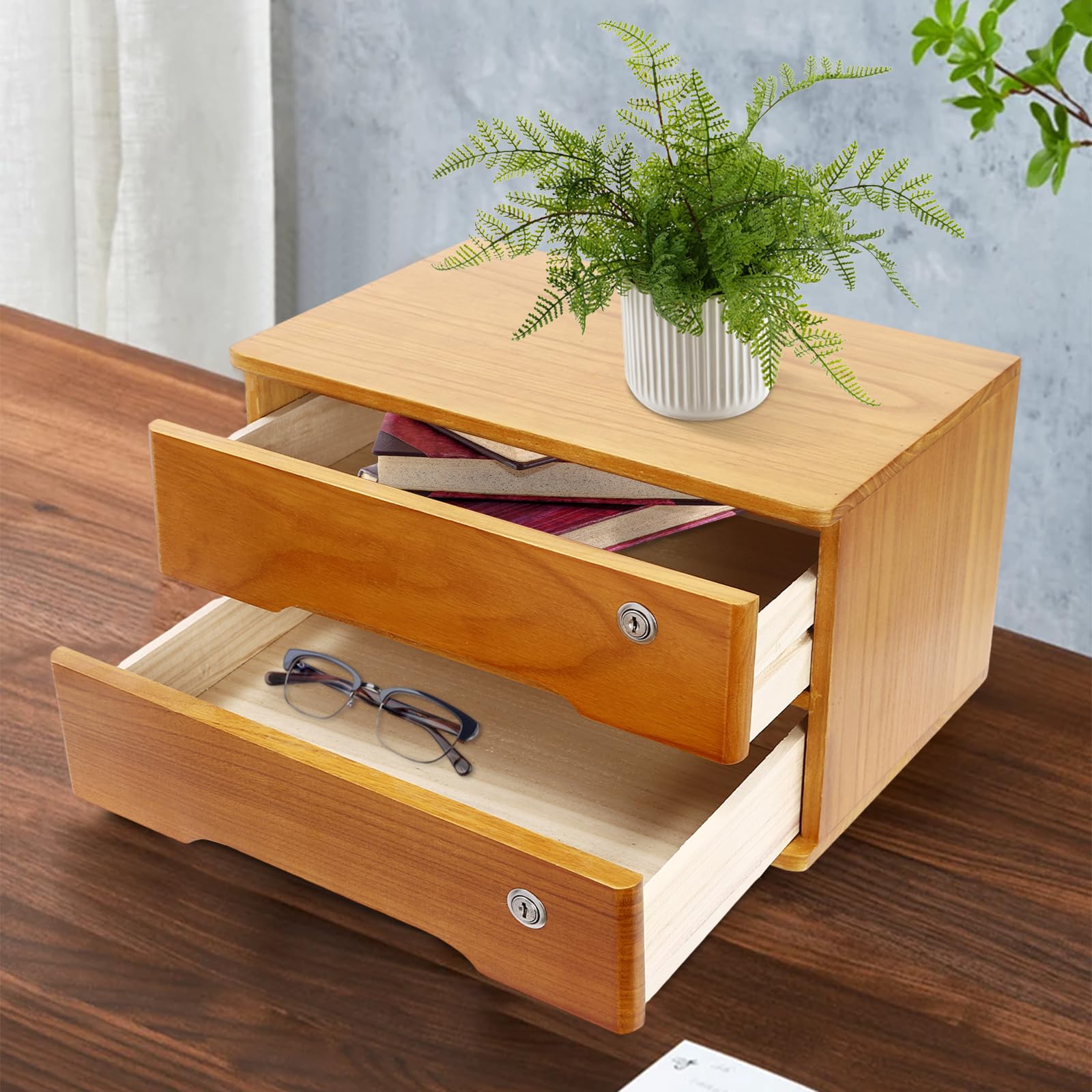 Wooden Desktop Storage Box with Lockable Drawers - Jewelry Organizer, File Holder & Desk Organizer for Office, Home & Craft Room | Small Library Card Catalog Cabinet for Apothecary Style Decor