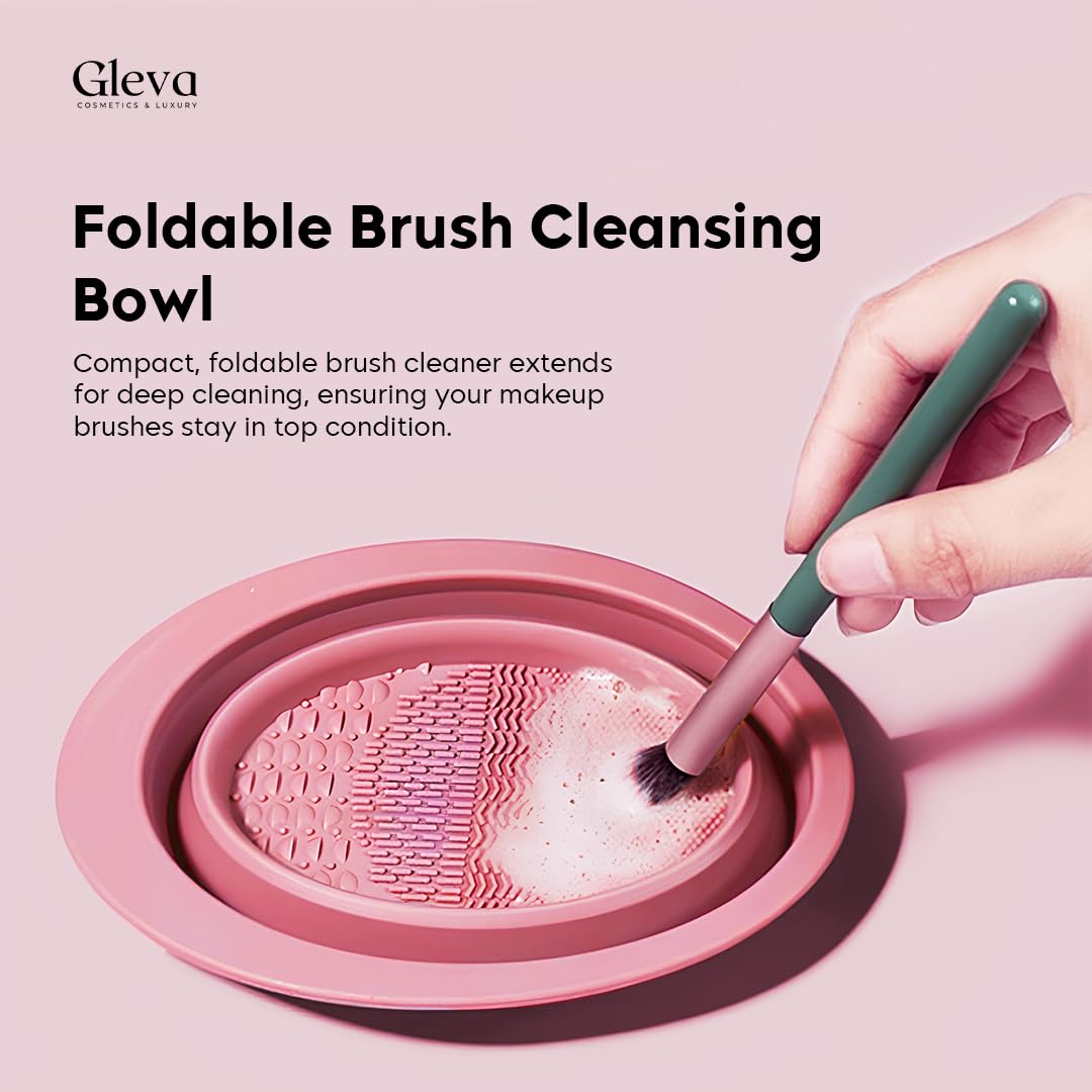Gleva Silicone Makeup Brush Cleaning Mat - Foldable Cosmetic Brush Cleaner Bowl for All Makeup Brushes, Sponges & Powder Puffs | Portable Travel-Friendly Design | Perfect for Home, Salon & Professional Makeup Artists (Pink)