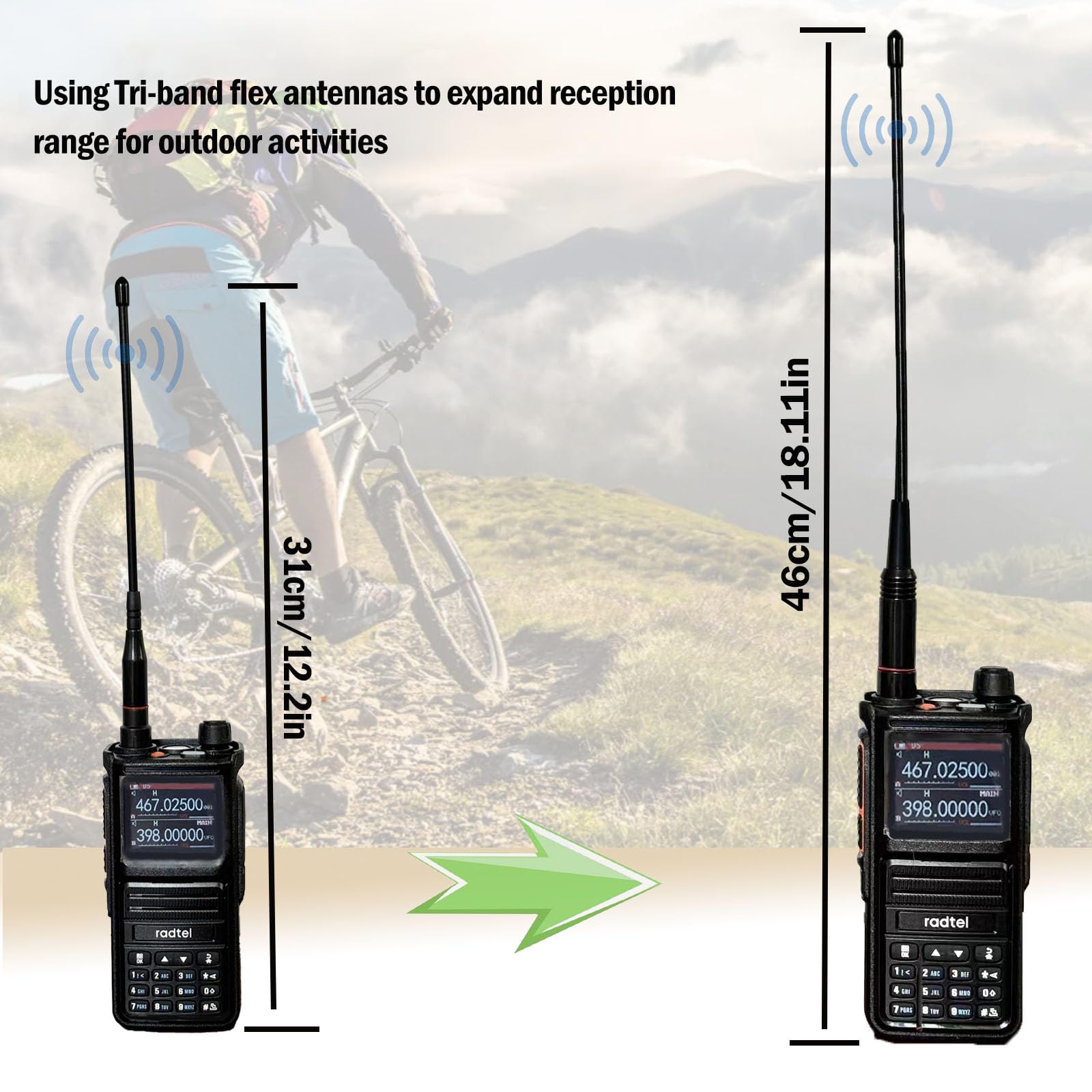 Radtel Tri-Band Flex Antenna RHD-771S 144/220/430MHz 35cm/13.7inch SMA Female Foldable Soft Antenna for Baofeng Radtel RT-900 RT-470X RT-890 RT-730 RT-4D RT-860 - Perfect for Hiking, Camping, and Emergency Communication