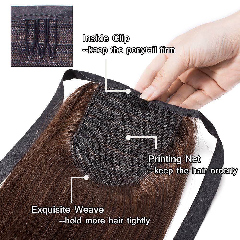 Maahal™ 20 Inch Long Straight Human Hair Ponytail Extensions for Women - Brown with Ribbon Binding & Comb Clip | Perfect for Parties, Weddings & Everyday Styling
