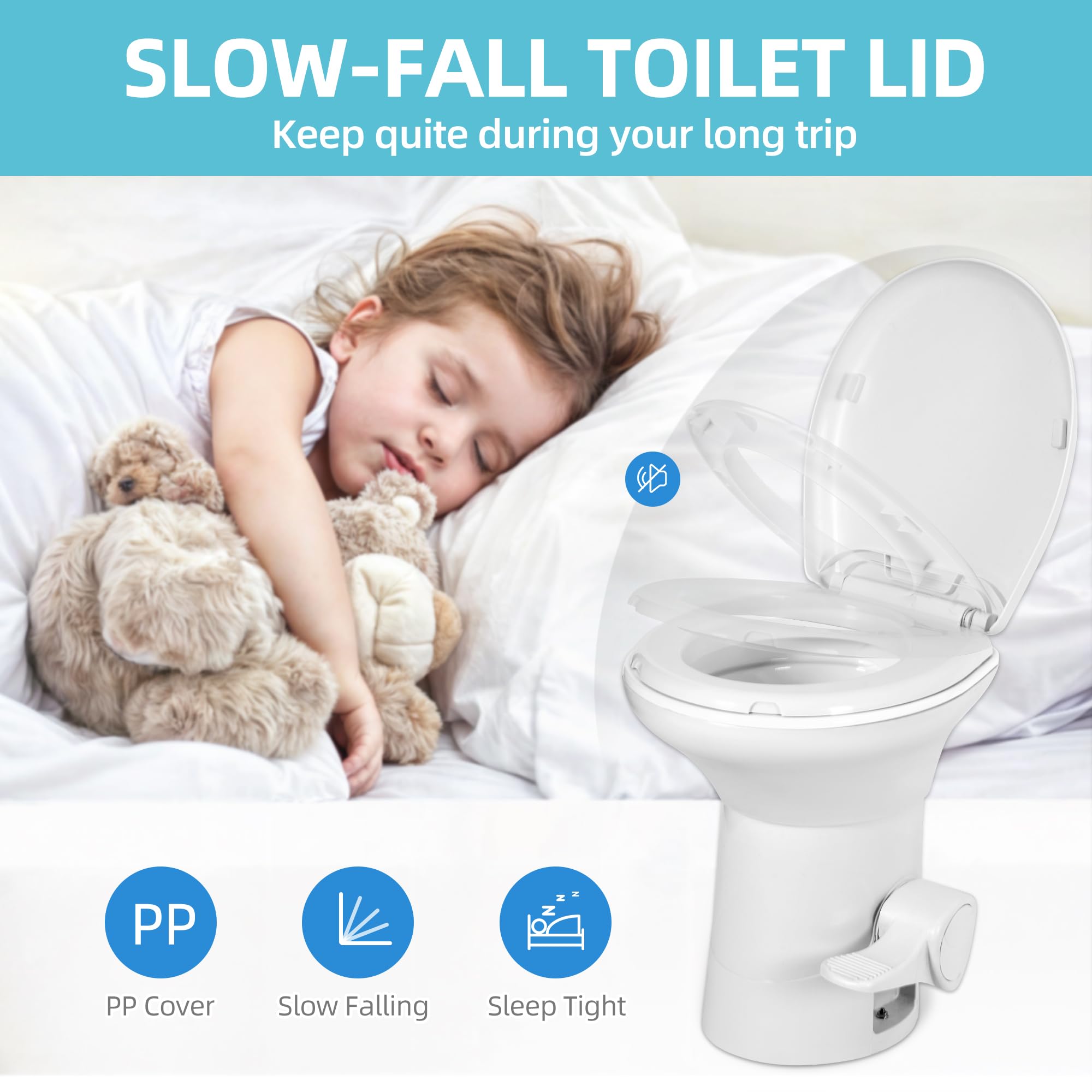 YITAMOTOR RV Toilet with Porcelain Bowl & Pedal Flush - High Profile Gravity Flush Toilet with Hand Sprayer for Motorhome, Caravan & Travel Trailers | Compact & Durable Plastic Toilet for Road Trips & Camping Adventures