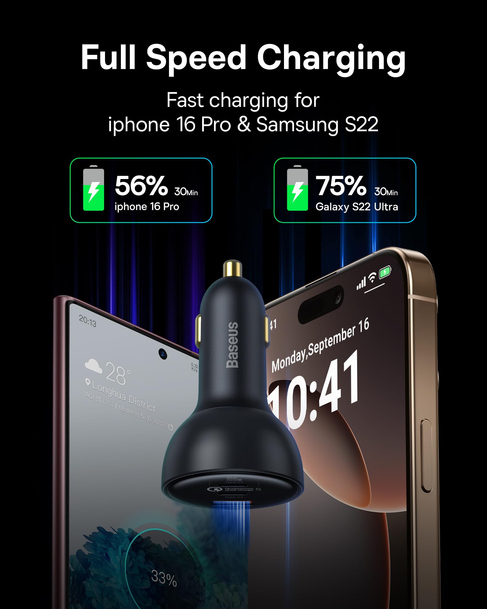 Baseus 160W USB C Car Charger with QC5.0 & PD3.0 PPS - 3 Port Super Fast Charging Adapter for iPhone 15/14/13 Pro, Samsung S22, iPad & MacBook Pro - Perfect for Road Trips & Daily Commutes