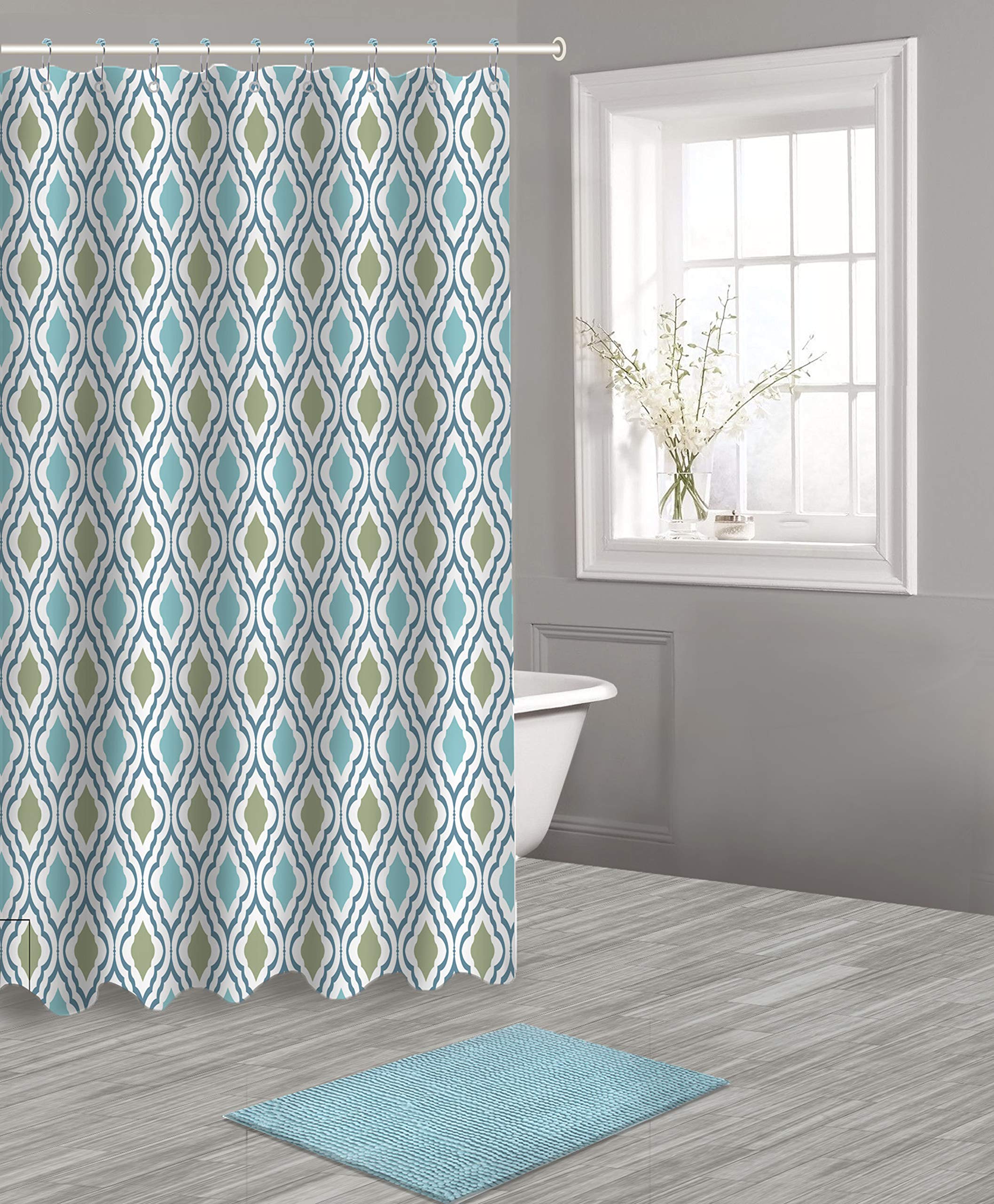 14-Piece Aqua Bath & Shower Curtain Set - Waterproof Polyester Fabric with Hooks - Perfect for Bathroom Decor, Spa Retreat & Home Upgrade