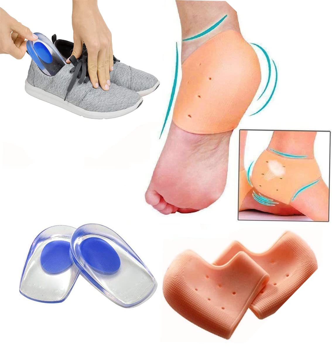 Clopic Moisturizing Anti-Crack Silicone Heel Socks & Gel Heel Cups - 2 Pack (1 Half Heel Sock + 1 Gel Cup) for Foot Pain Relief, Heel Spurs & Dry Cracked Heels - Perfect for Sleeping, Walking & Shoe Comfort