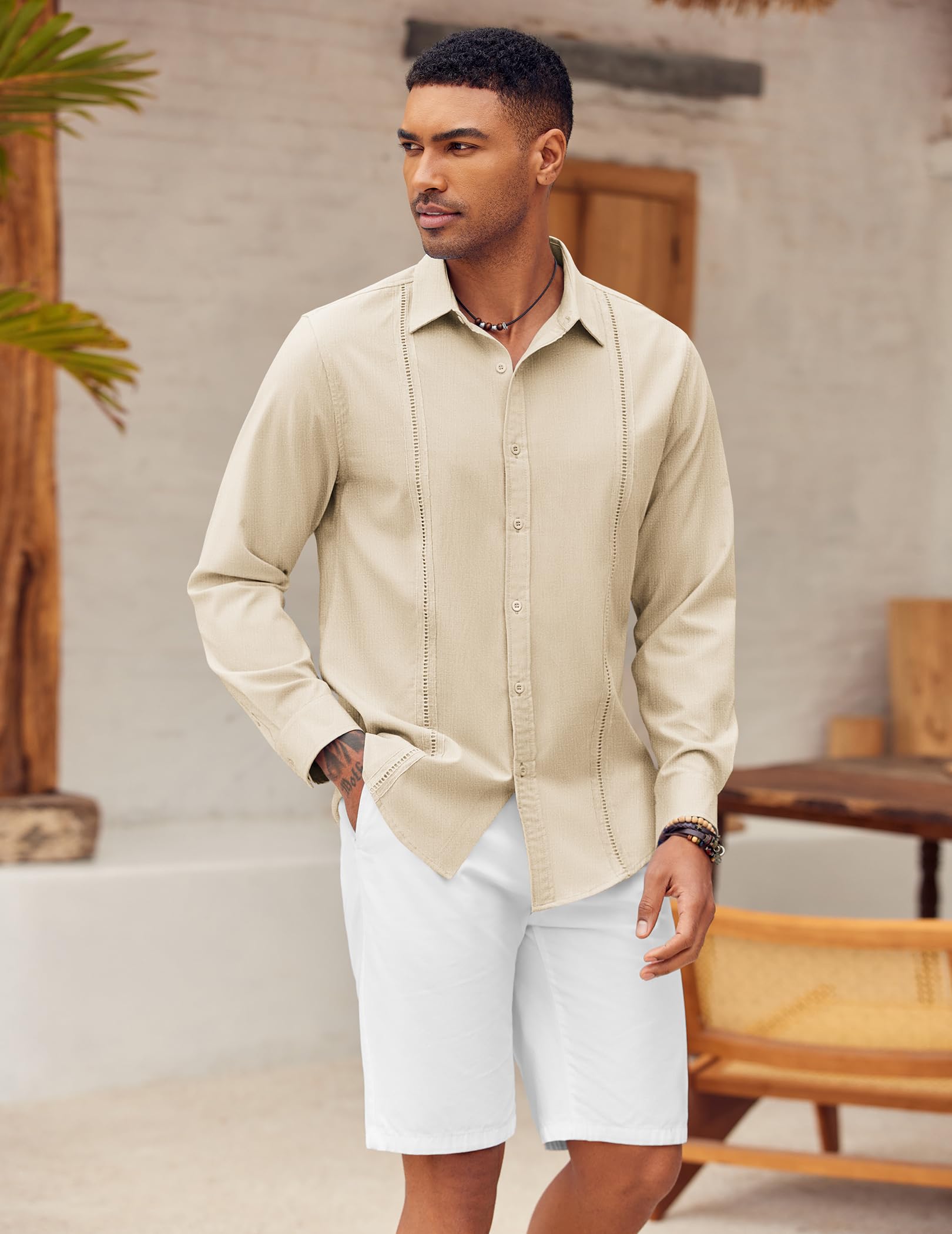 COOFANDY Men's Cuban Guayabera Shirt - Stylish Button Down Long Sleeve Casual Beach Shirt for Summer, Vacations & Tropical Weddings | Breathable Linen Blend Fabric