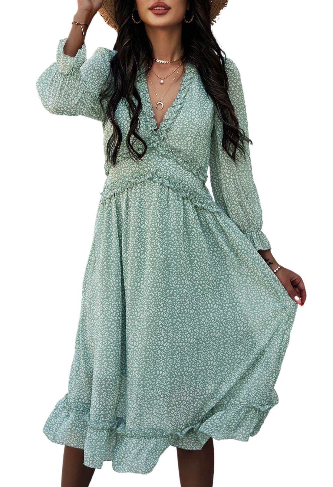 AOHITE Women's Deep V Neck Ruffle Print Long Sleeve Flowy Midi Dress - High Waist A-Line Flowing Dress in Light Green for Party, Wedding & Casual Wear