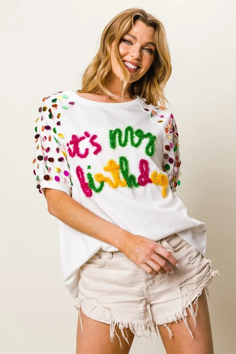 BiBi Metallic Letter Spangle Raglan Puff Sleeve Top | Trendy Women's Graphic Tee for Casual Wear, Party & Date Night Outfits