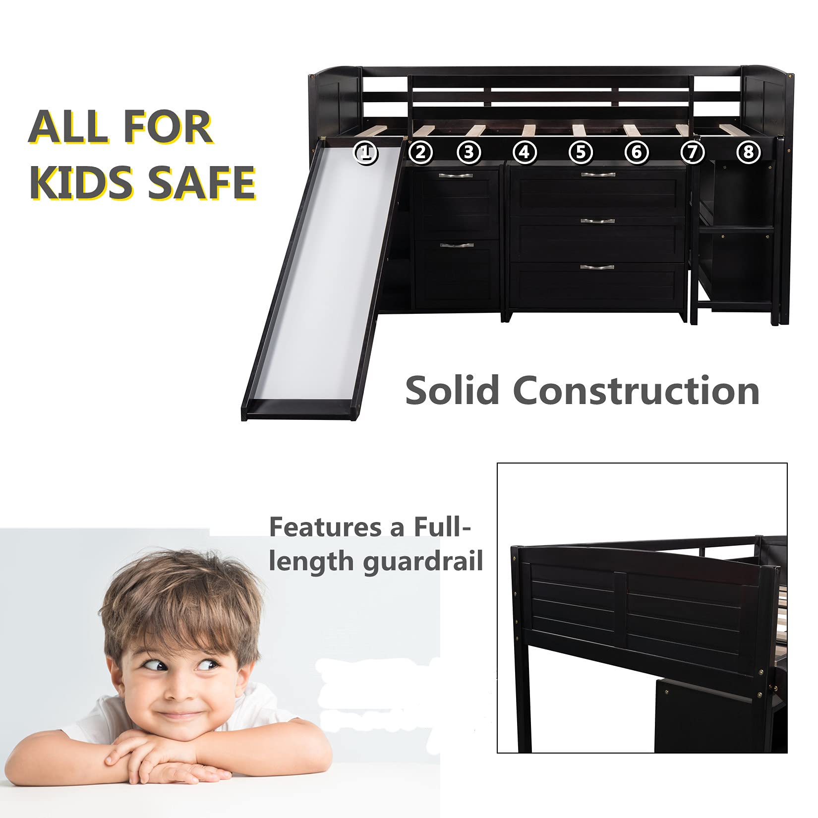 Low Loft Bed with Slide and Storage - Twin Size Wooden Loft Bed Frame with Cabinet Drawers & Bookshelves for Kids, Boys, Girls & Teens - Espresso Finish - Perfect for Small Bedrooms, Playrooms & Dorm Rooms