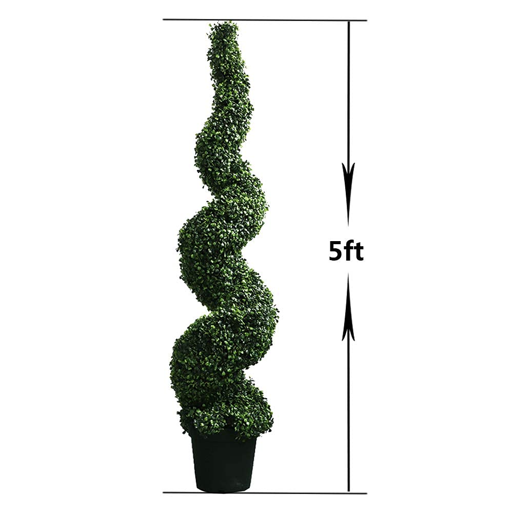 59 Inch Artificial Boxwood Spiral Topiary Trees - Set of 2 Fake Faux Plants in Plastic Pots for Indoor/Outdoor Decor - Perfect for Patio, Garden, Entryway & Home Office Decorations