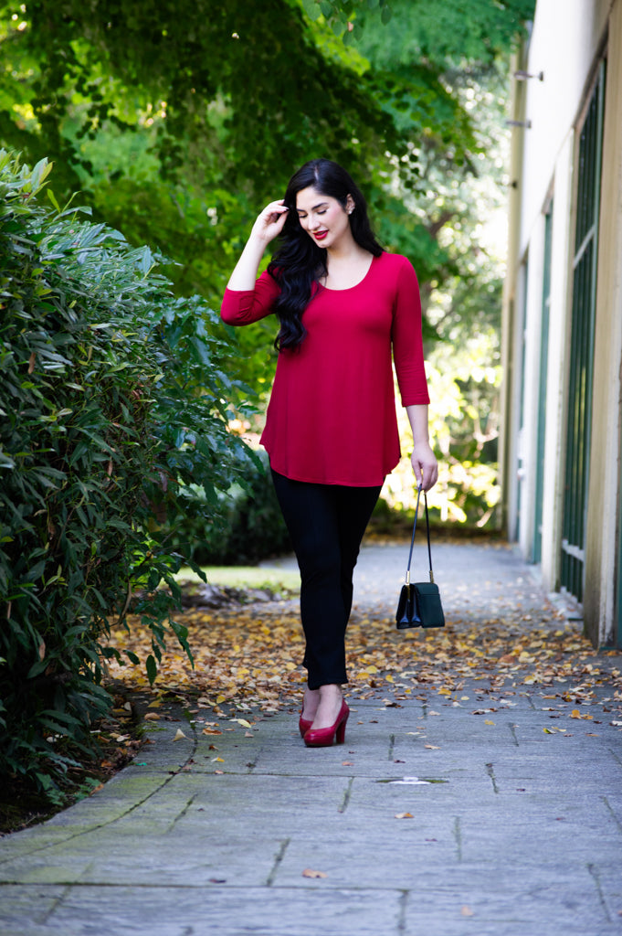 Jazz 3/4 Sleeve Women's Tops - Soft Bamboo Fabric Lipstick Red Blouse for Casual Wear & Office Outfits