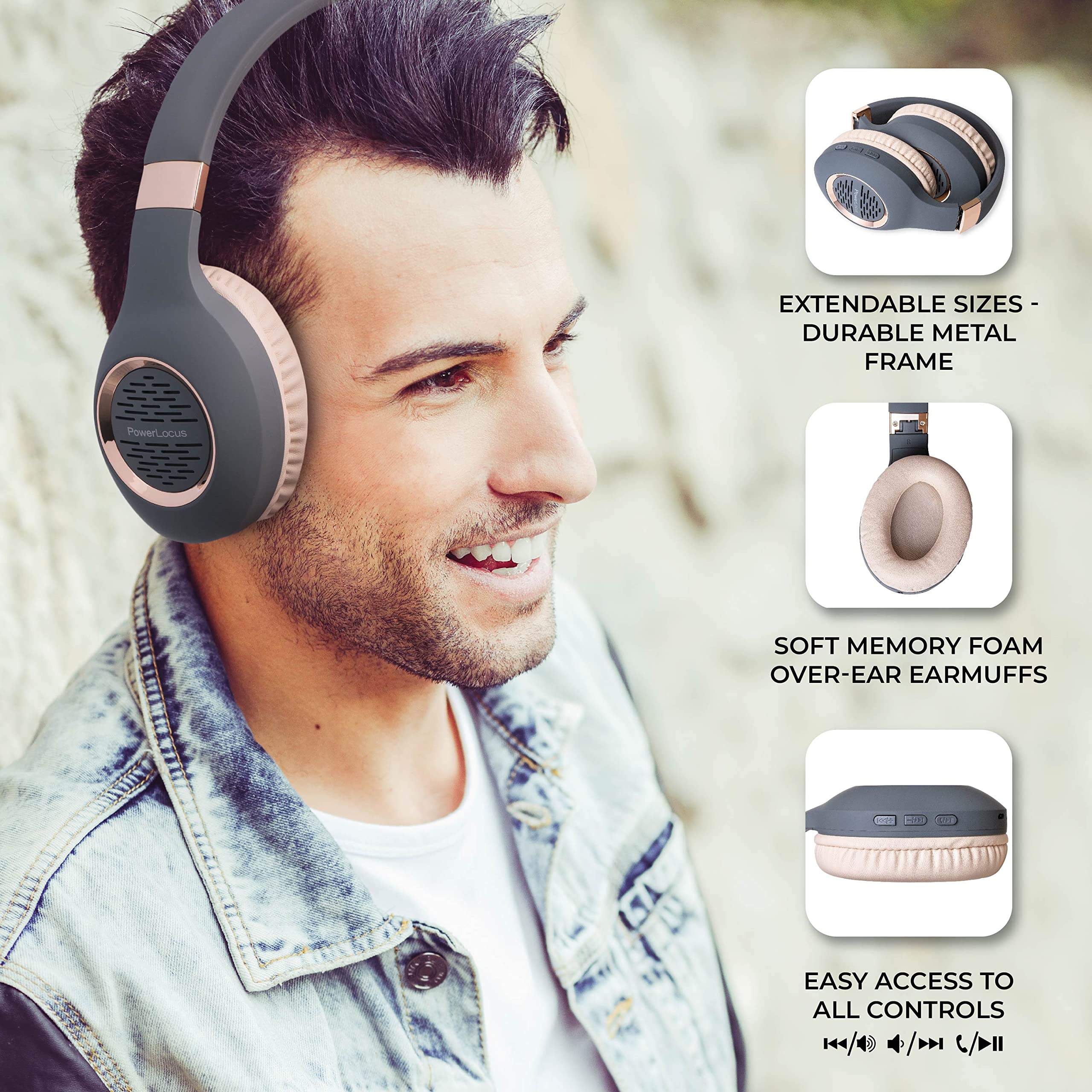 PowerLocus Wireless Bluetooth Over-Ear Headphones with Hi-Fi Stereo & Deep Bass, Foldable Design with Soft Earmuffs & Built-in Mic - for Phone, Tablet, PC (Perfect for Travel, Gaming & Office Work)