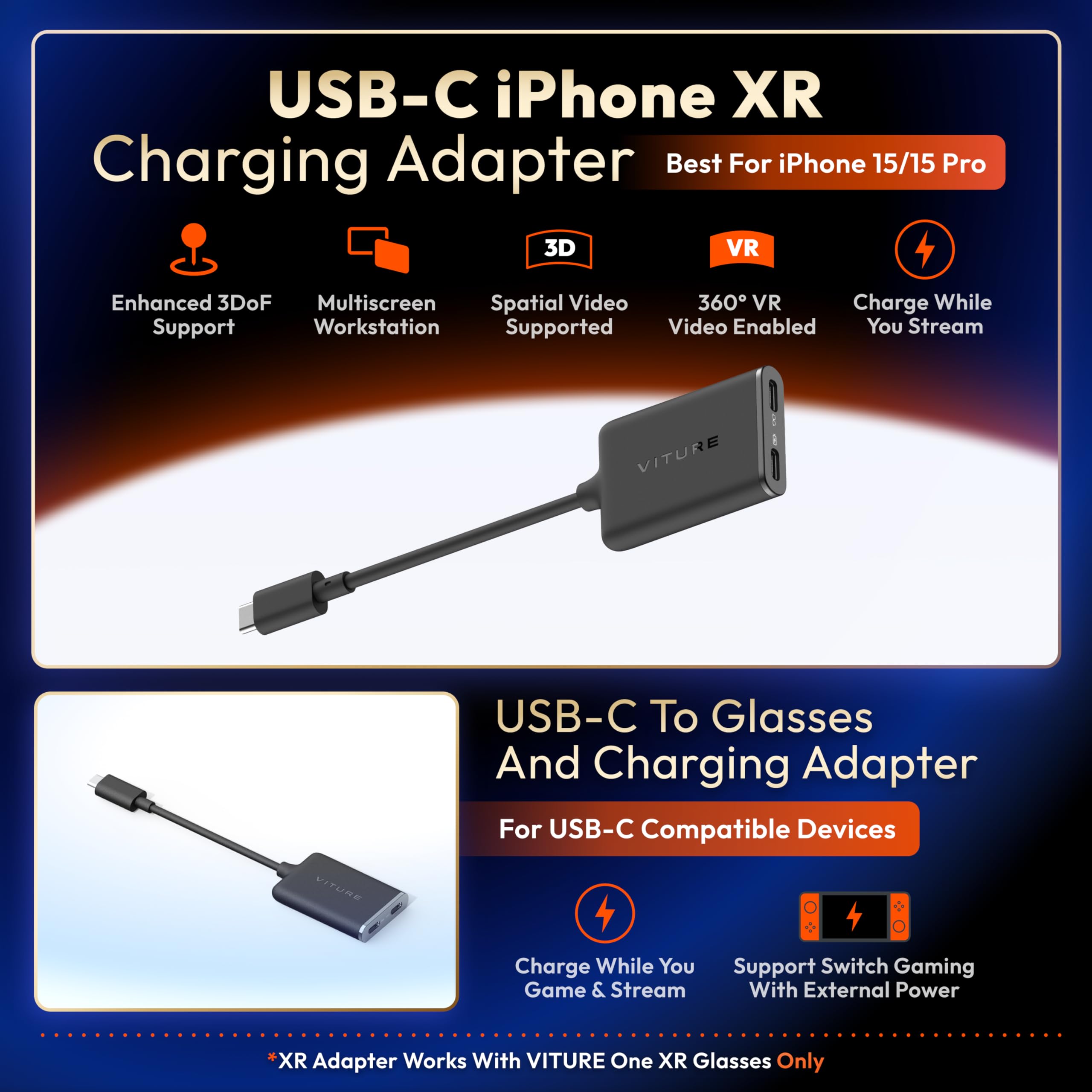 VITURE One XR Glasses for iPhone 16/15 with USB-C Charging Adapter - 3DoF VR Headset for Spatial Video, Multi-Screen Display & 1-Click 3D | Perfect for Gaming, Movies & Virtual Reality Experiences