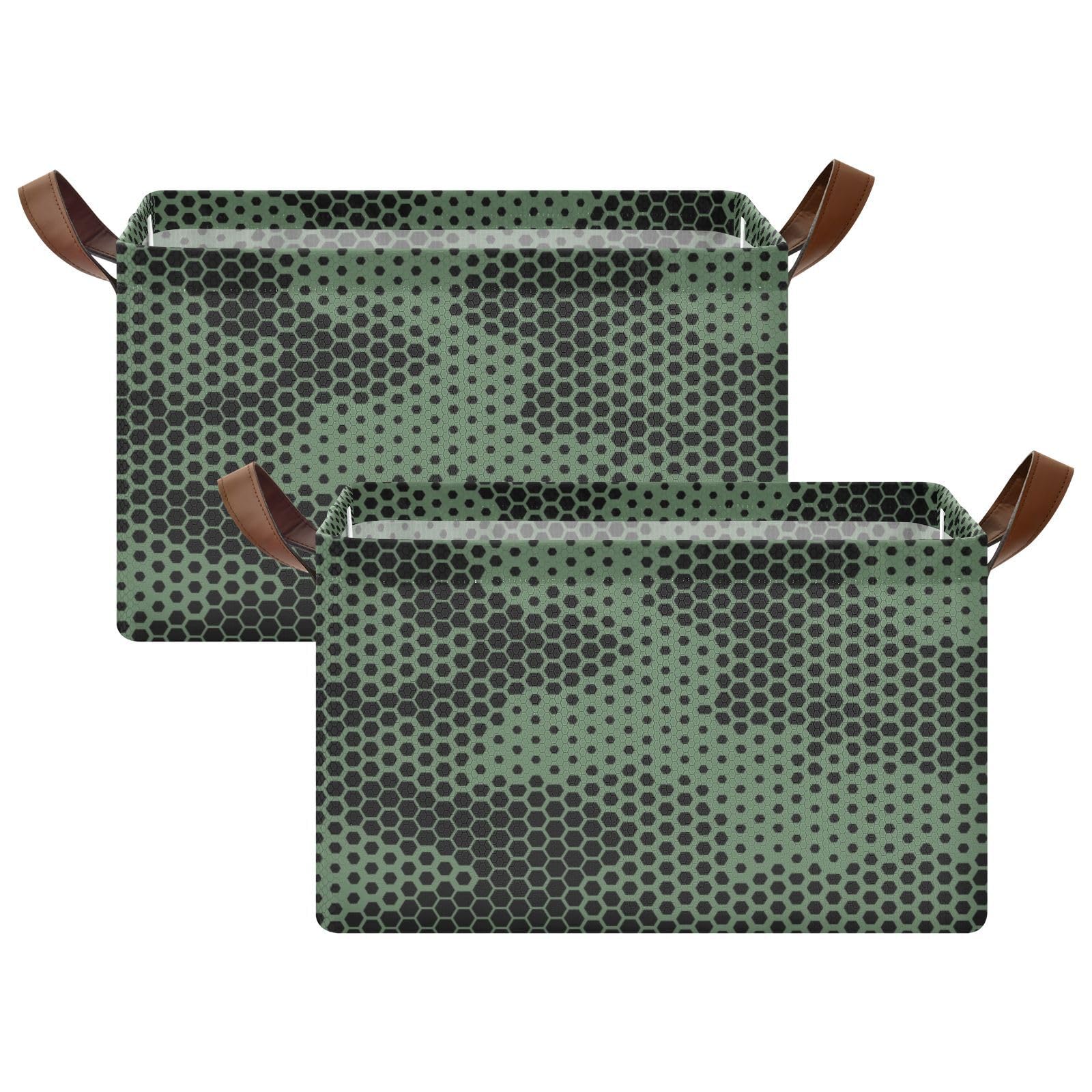 Green Camouflage Black Dots Foldable Storage Baskets with Handles - 2 Pack Collapsible Fabric Storage Cubes Organizer for Makeup, Books, Shelves - Perfect for Living Room, Bedroom & Closet Organization