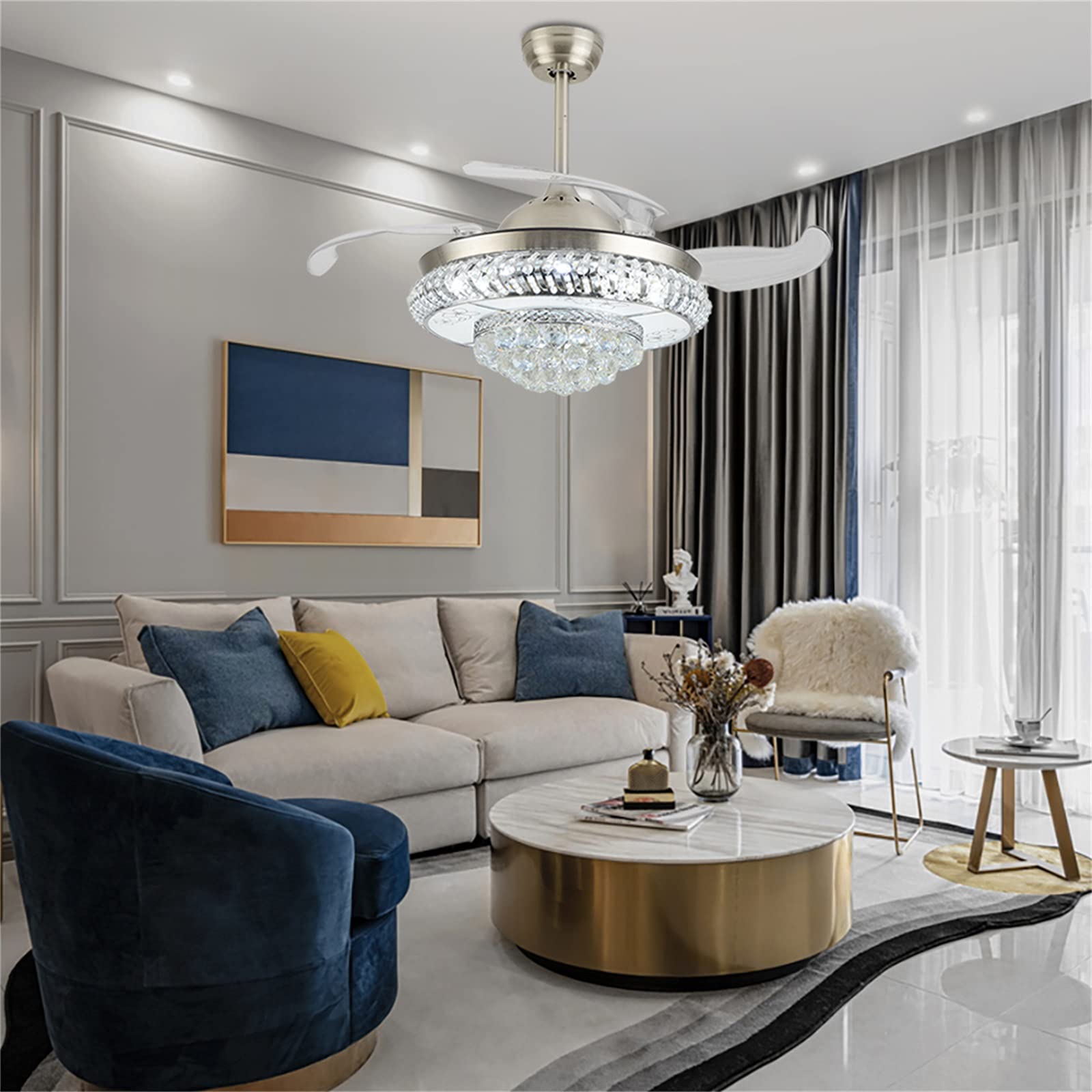 Modern Crystal LED Ceiling Fan with Light - 42 Inch Silver Fandelier with Retractable Blades, Remote Control, 3 Speed Settings & 3 Color Temperatures for Living Room, Bedroom, Dining Room & Kitchen | Energy Efficient Cooling & Stylish Lighting Solution