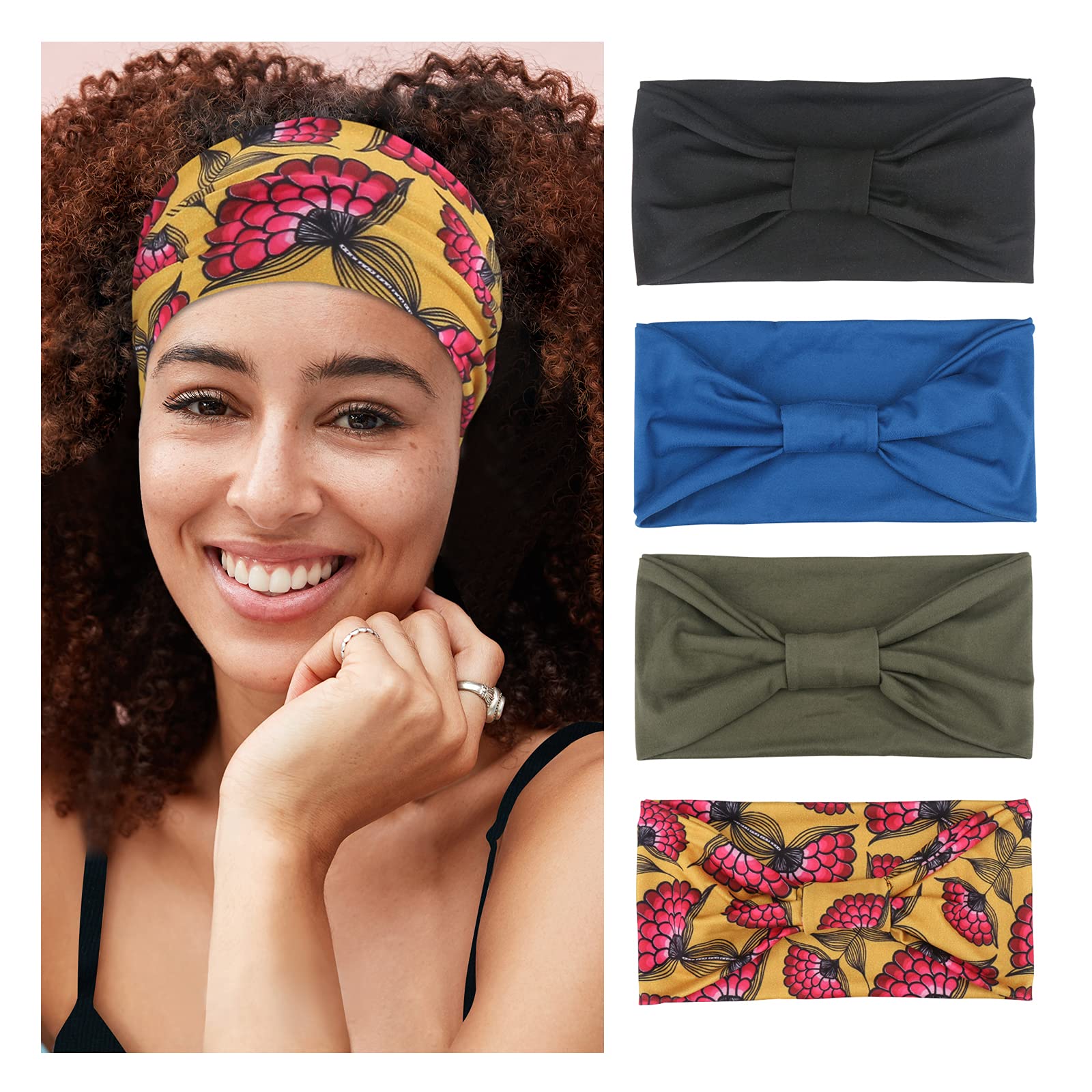 Purefitinsoles 4 Pack or 1 Pack Wide Headbands for Women - Non Slip Yoga Headbands, African Thick Workout Headbands, Fashion Sweat Bands for Running, Gym & Sports Activities