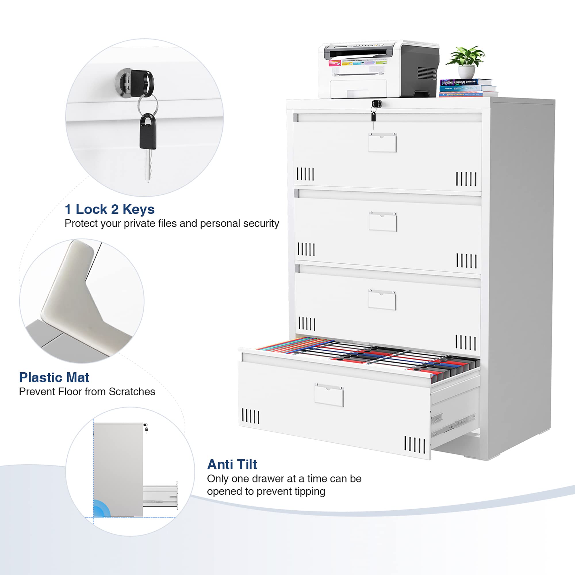 Petonline 4-Drawer Metal Lateral Filing Cabinet with Lock & Card Slot - Lockable Horizontal File Storage for Letter/Legal Documents - Perfect for Home Office Organization & Document Security