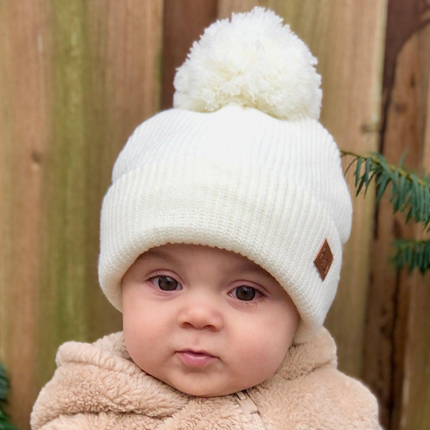 Babyfied Apparel Ivory PomPom Beanie Hat - Soft Knit Winter Hat for Girls & Boys - Perfect for Cold Weather, Outdoor Play & Holiday Photos