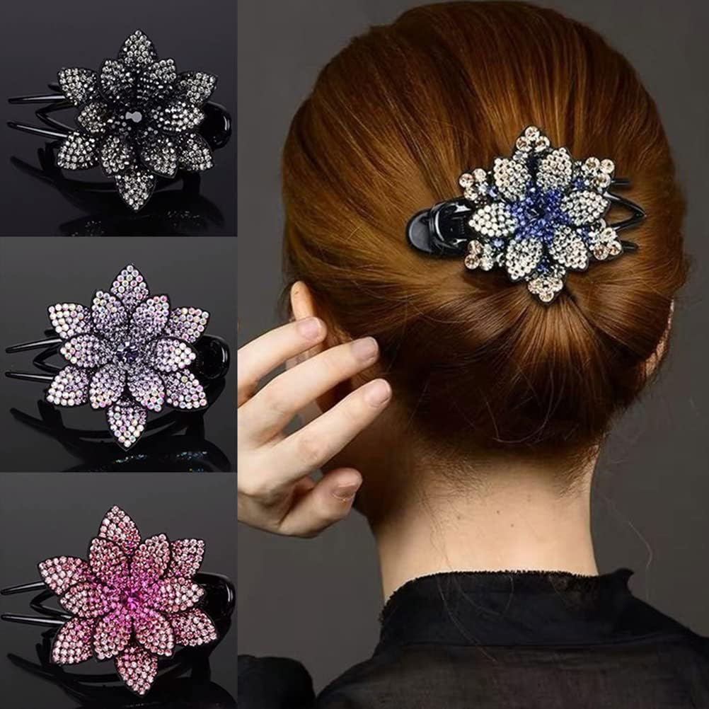 Luxury Rhinestone Flower Hair Clips for Women - Sparkly Crystal Hair Claws & Barrettes for Thick Long Hair - Korean Hair Accessories for Girls & Women - Perfect for Weddings, Parties & Everyday Glam