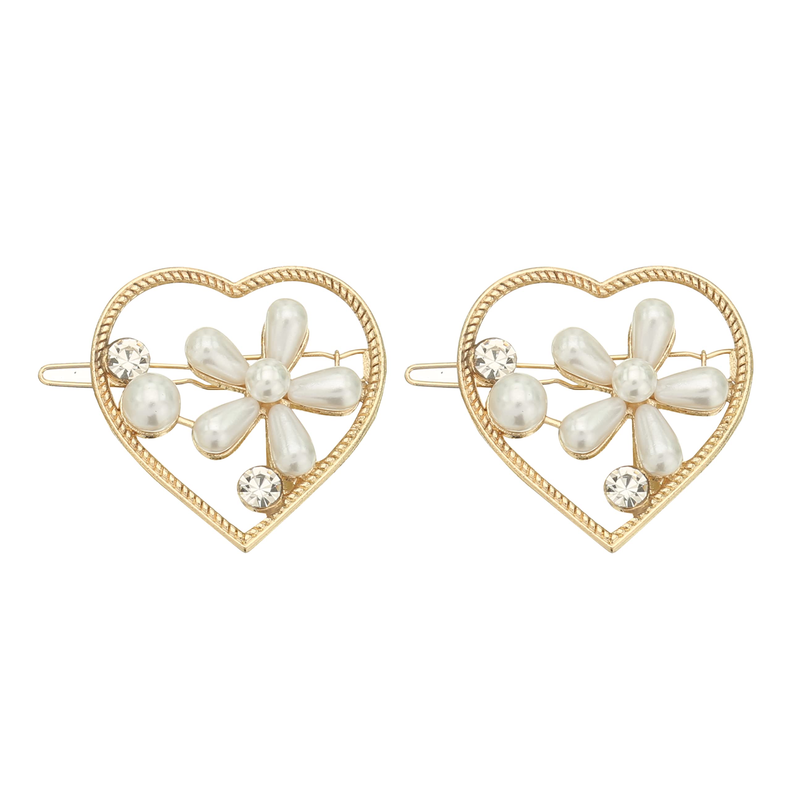HOC® Pearl Rhinestone Hair Clips for Women - Elegant Heart Hairpins & Barrettes for Wedding, Anniversary, Prom, Party - 2 Pack Gold Hair Accessories - Perfect for Bridal, Formal Events & Special Occasions