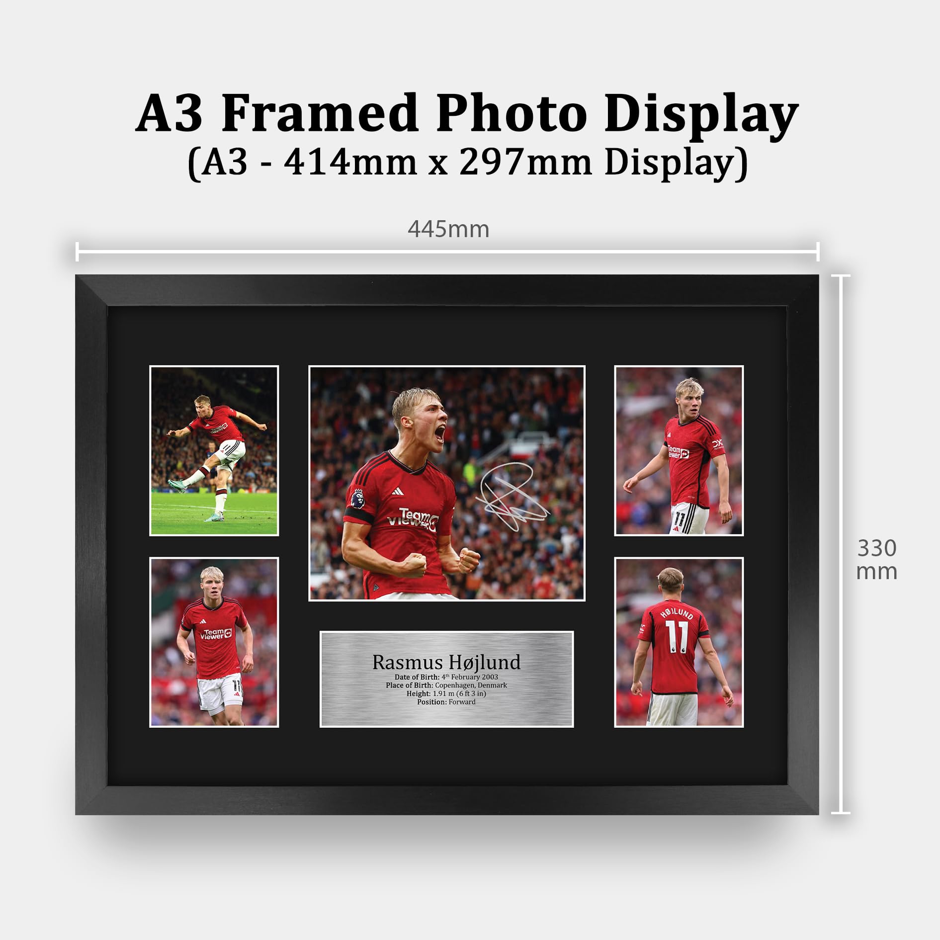Rasmus Hojlund Signed Autograph Photo - 16x12 Inch Framed Soccer Memorabilia for Man Utd Fans - Perfect for Home Decor, Office Display & Gift for Football Supporters