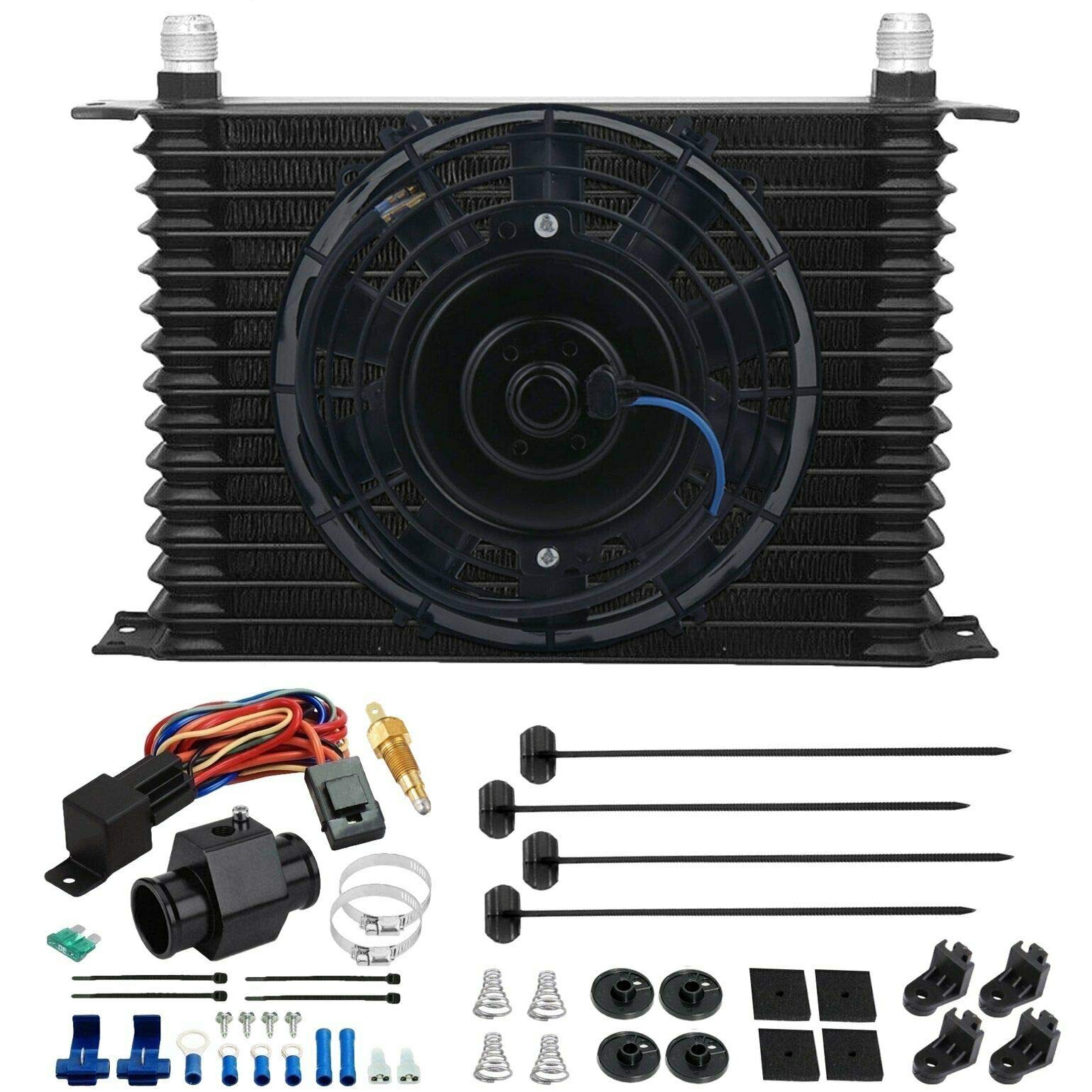 15 Row 10AN Transmission Oil Cooler with Electric Fan - 38mm Core & 180°F Thermostat Switch Kit for High-Performance Vehicles, Racing, and Towing Applications