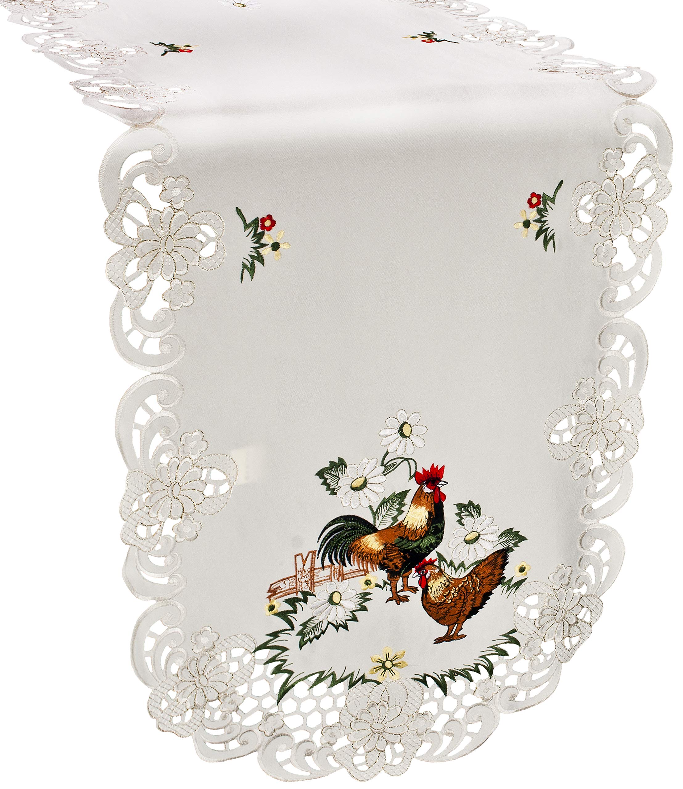 Embroidered Rooster Farmhouse Table Runner - Country Chic Lace Decor for Dining Table, Coffee Table or Dresser (15x54 Inches) - Perfect for Rustic Home Decor, Kitchen Decor and Farmhouse Style Weddings