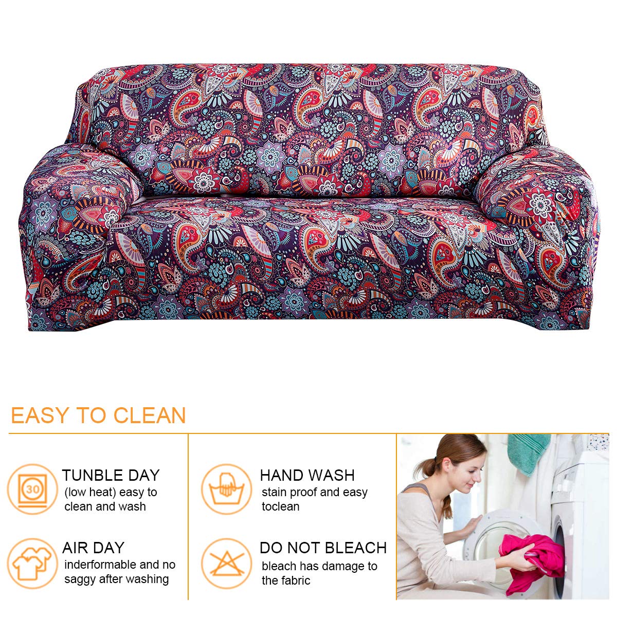 ELEOPTION L-Shaped Stretch Sofa Slipcover - 2-Piece Printed Sectional Couch Cover for Pets & Kids (Red Orange, Single) | Protects Furniture from Cats, Dogs & Spills | Perfect for Living Room, Family Room & Pet-Friendly Homes