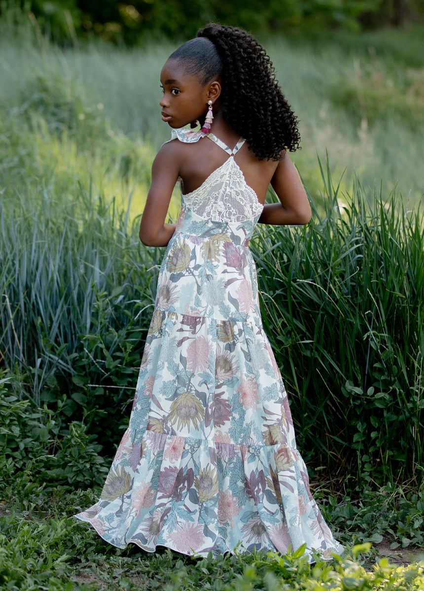 Varvara Floral Print Dress in Ecru - Elegant Summer Maxi Dress for Women, Perfect for Beach Vacations, Garden Parties & Date Nights