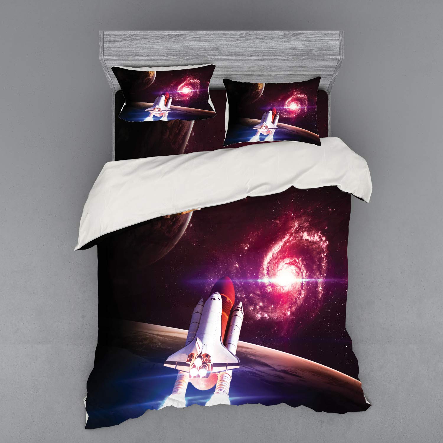 Ambesonne Galaxy Bedding Set - Queen Size 4-Piece Duvet Cover with Shams & Fitted Sheet | Space Themed Milky Way Design with Planets & Spaceship Art in Magenta & White | Perfect for Astronomy Lovers & Sci-Fi Themed Bedrooms