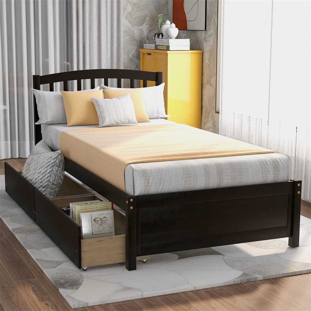 Solid Wood Twin Size Platform Bed Frame with Headboard & Footboard - 2 Storage Drawers, Wood Slats Support, No Box Spring Needed - Easy Assembly Espresso Finish - Perfect for Kids Bedroom, Guest Room & Small Spaces
