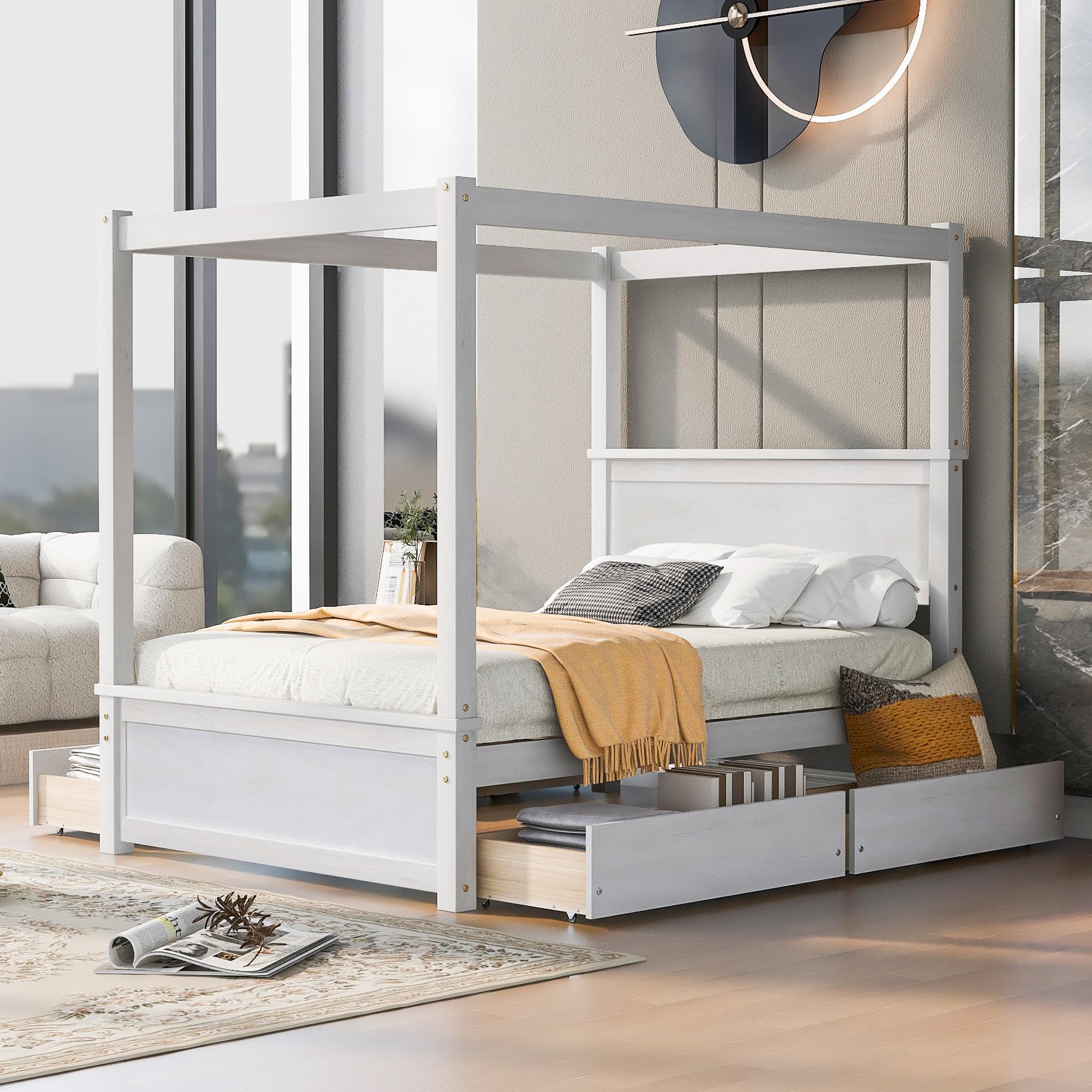 Full Size Canopy Bed with 4 Storage Drawers & Headboard - Wooden Platform Bed Frame, Four Poster Bed in Brushed White - Perfect for Master Bedroom, Guest Room & Small Space Storage Solutions