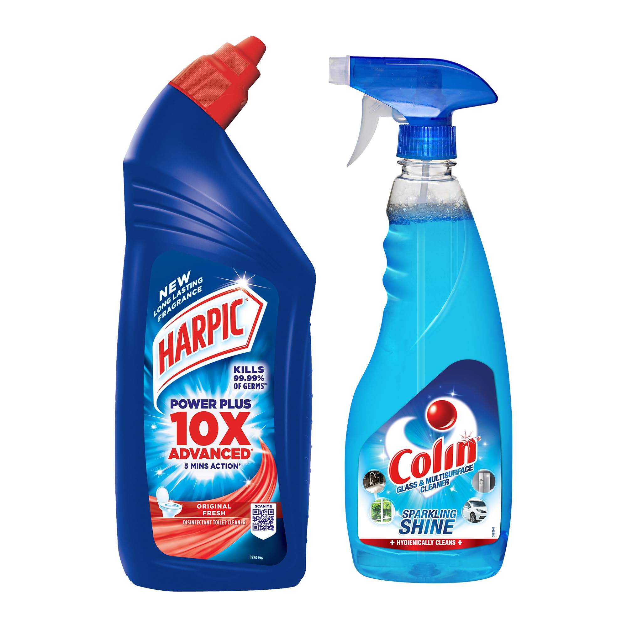 Harpic Original Disinfectant Toilet Cleaner Liquid 1L + Colin Glass & Surface Cleaner Spray 500ml - Powerful Bathroom & Kitchen Cleaning Combo for Sparkling Surfaces