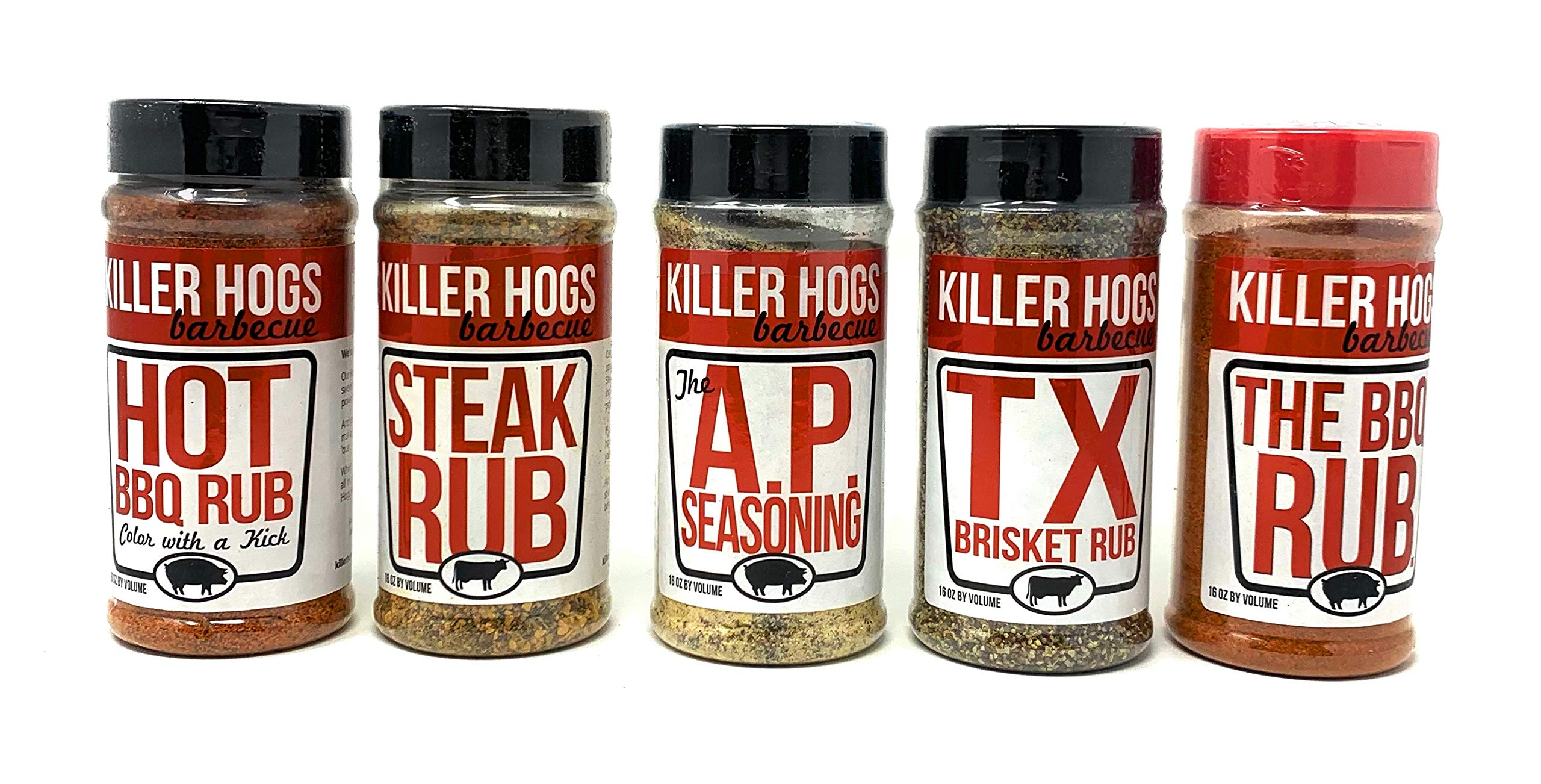 Killer Hogs BBQ Rub Variety Pack - 5 Bottles (59 oz) Hot BBQ, Steak Rub, A.P. Seasoning, Texas Brisket & Original BBQ Rub - Premium Bulk Barbecue Seasoning for Grilling, Smoking & Outdoor Cooking