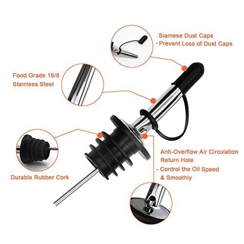 24 Pack Stainless Steel Liquor Bottle Pourers with Siamese Rubber Dust Caps - Tapered Spout Fits 3/4 Bottle Neck - Perfect for Bars, Restaurants & Home Cocktail Making
