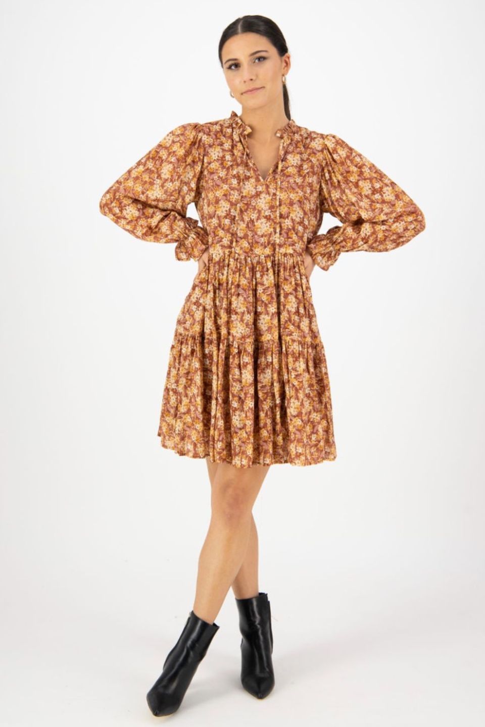 Billie Rust Floral Long Sleeve Frill V-Neck Tiered Mini Dress for Women | Elegant Party & Date Night Outfit