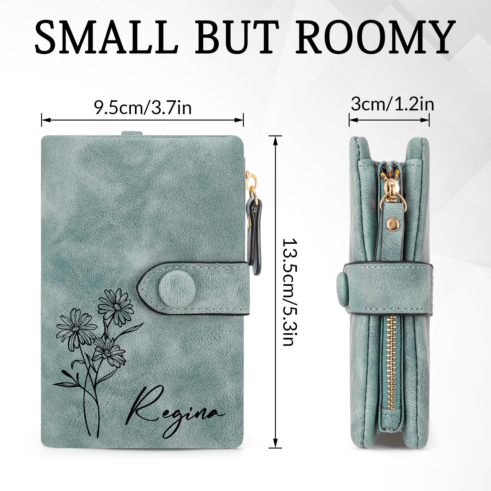 Custom Personalized Leather Wallet for Women - Engraved Birth Flower & Name - Small Zipper Coin Purse - Perfect Gift for Birthday, Mother's Day, Christmas (Green) - Ideal for Teens, Ladies & Everyday Use