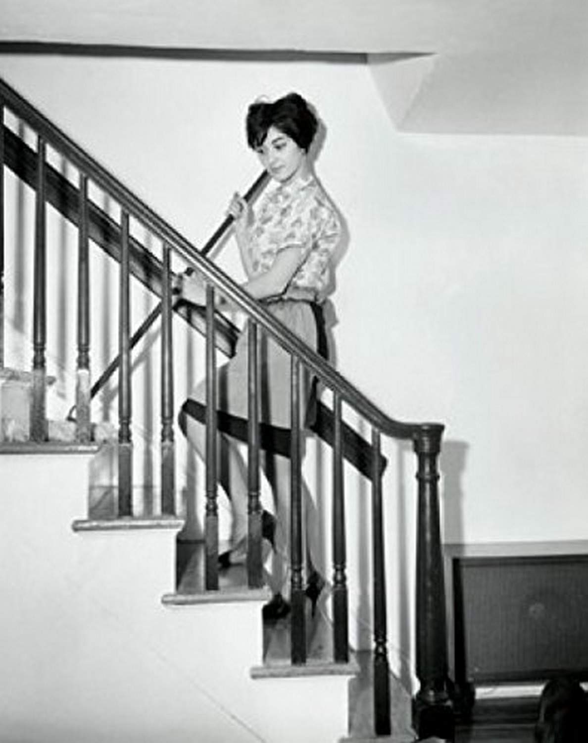 Side Profile of Young Woman Cleaning Stairs with Mop - 18x24 Wall Art Poster Print for Home, Office & Classroom Decor | Motivational Cleaning Scene