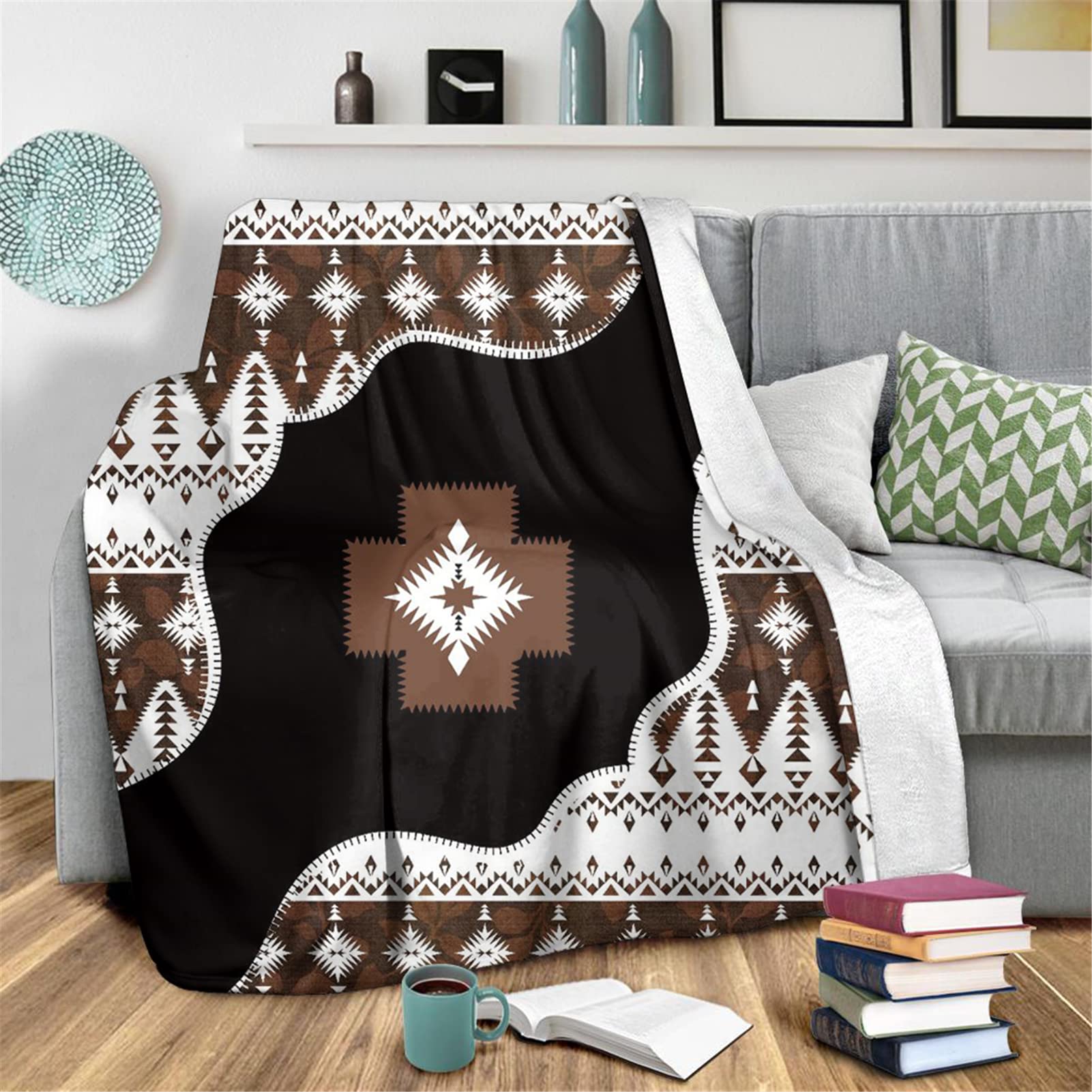 Southwestern Aztec Throw Blanket - Bohemian Navajo Ethnic Fleece Flannel Bed Blanket - Farmhouse Geometric Couch Throw for Sofa, Bed & Home Decor - Cozy Warm Blanket for Winter, Living Room, Dorm & Camping