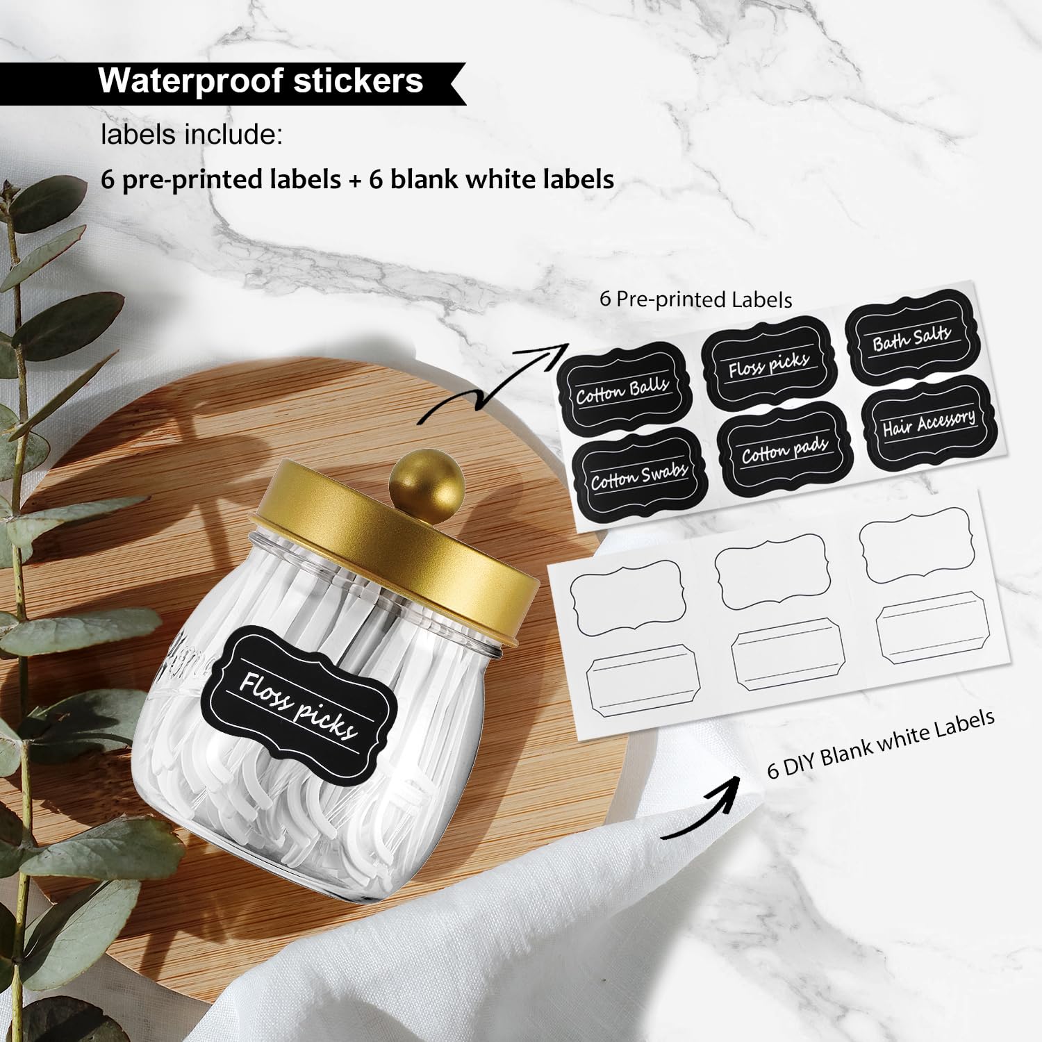 SheeChung 3-Pack Glass Apothecary Jars with Lids - Rustic Cotton Swab & Floss Pick Organizer for Bathroom Vanity, Farmhouse Decor - Gold Mason Jar Set for Home Storage & Organization (Perfect for Countertop Display & Bathroom Essentials)