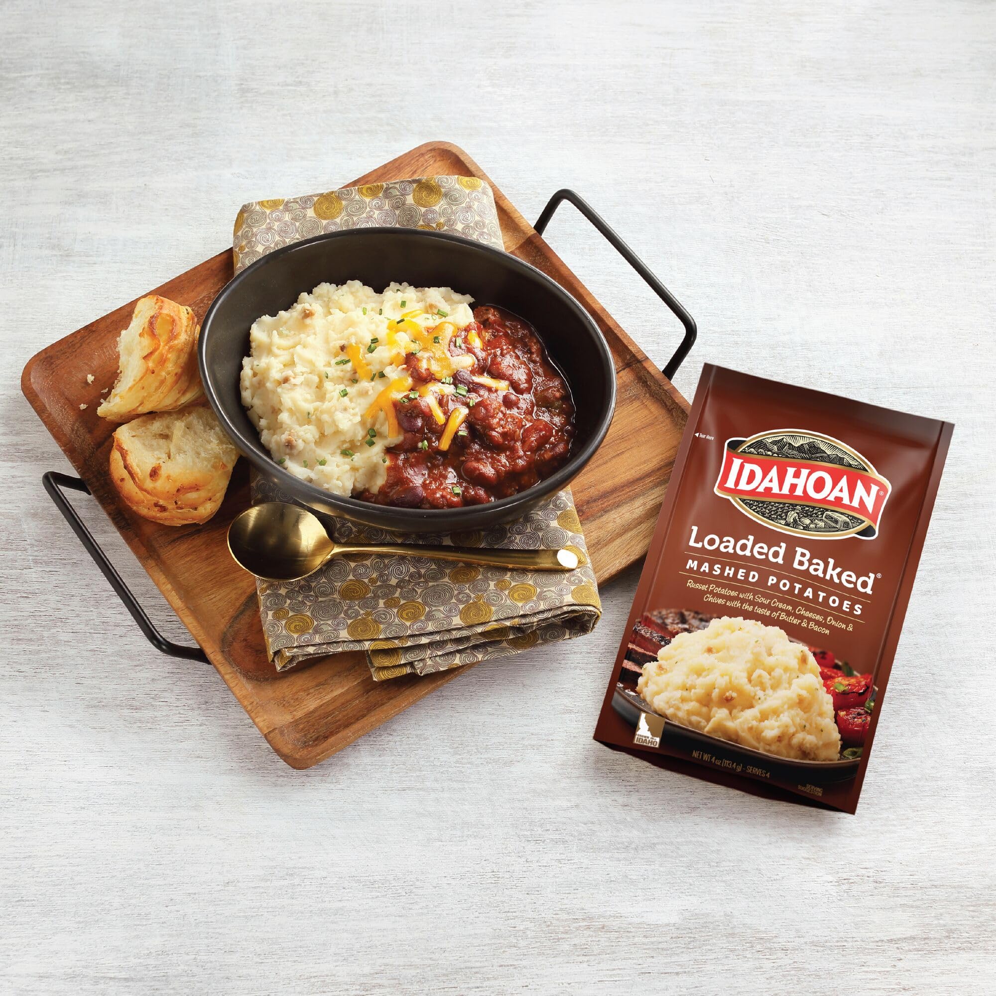 Idahoan Loaded Baked Mashed Potatoes, 4-Ounce Pack of 12 | Instant Potato Mix with Cheese, Bacon & Chives | Perfect for Quick Meals, Camping & Holiday Dinners